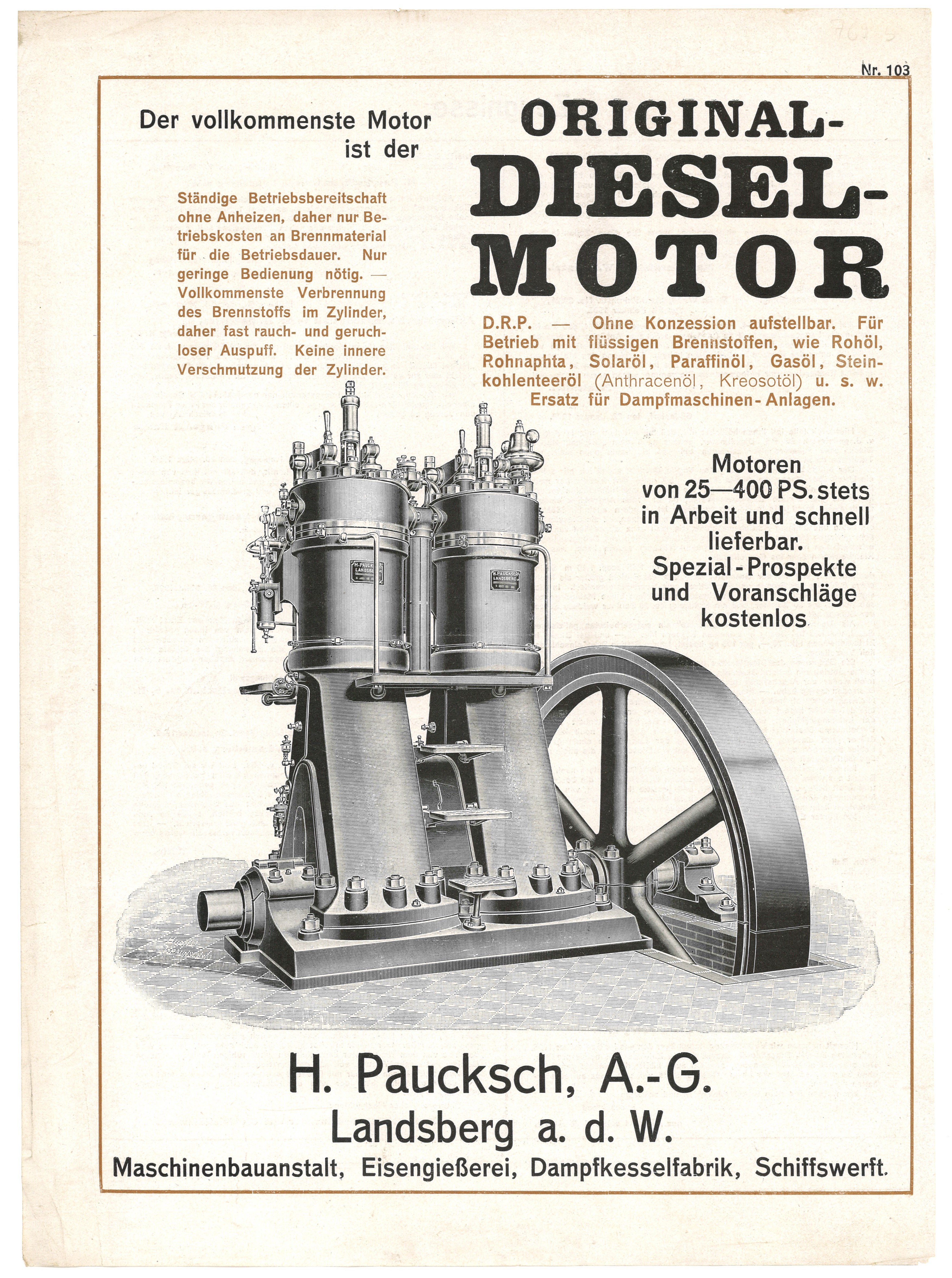 Werbeblatt der Maschinenfabrik H. Paucksch AG in Landsberg/Warthe [Gorzów Wlkp.] für Original-Diesel-Motor (1910) (Landesgeschichtliche Vereinigung für die Mark Brandenburg e.V., Archiv CC BY)