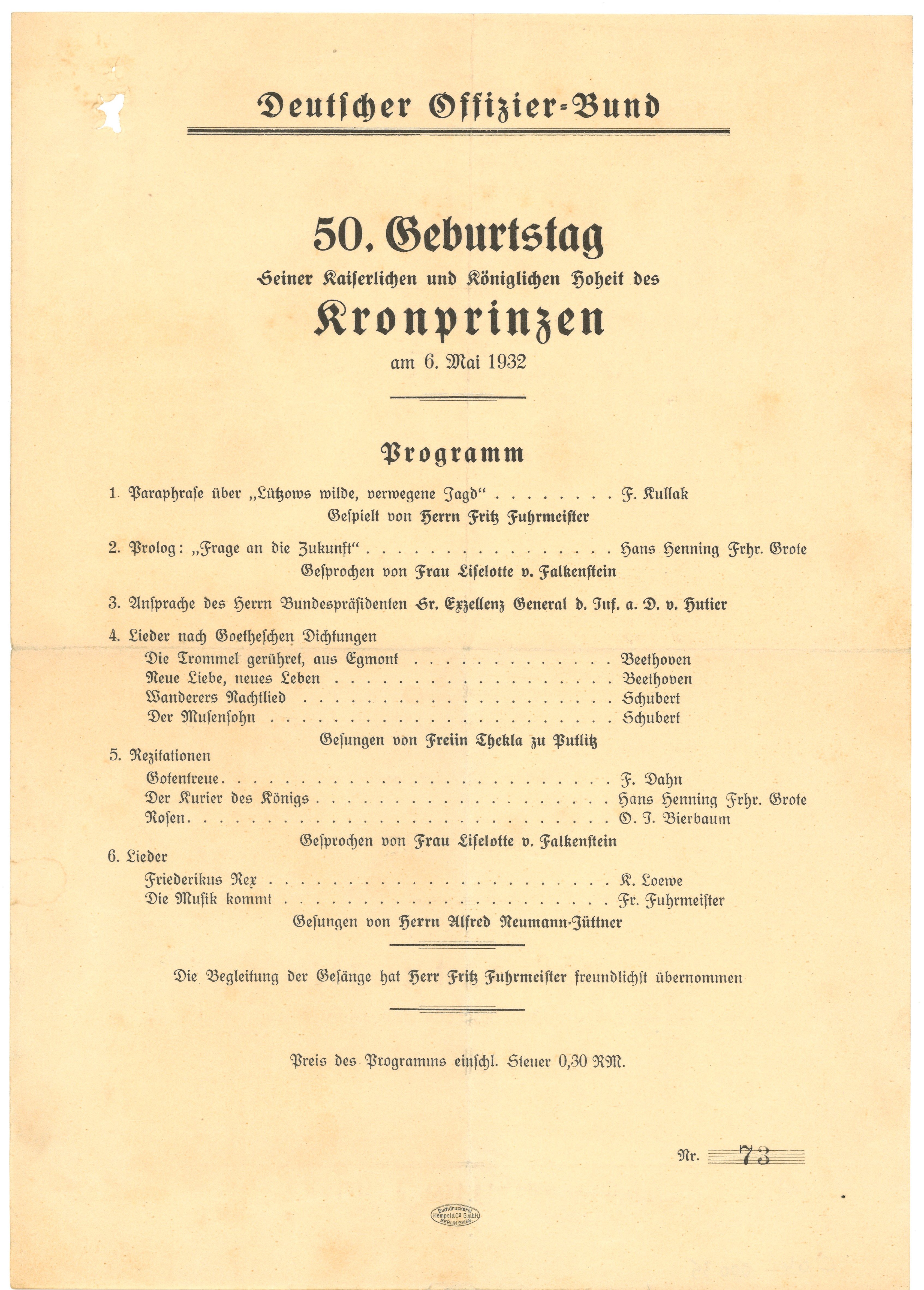 Programm des Deutschen Offizier-Bundes zum 50. Geburtstag des Kronprinzen Wilhelm 1932 (Landesgeschichtliche Vereinigung für die Mark Brandenburg e.V., Archiv CC BY)