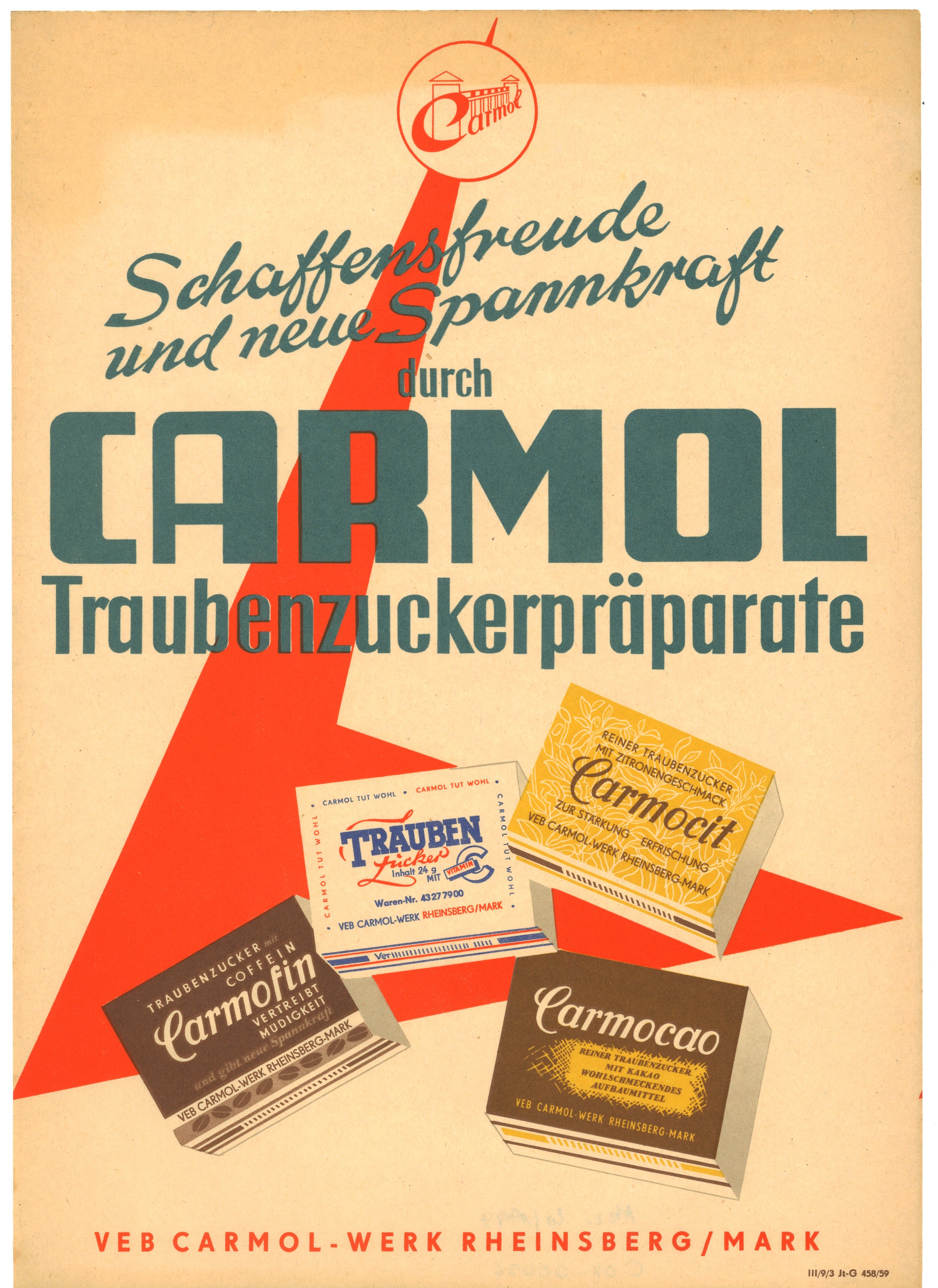 Werbeblatt des VEB Carmol-Werk Rheinsberg für Traubenzuckerpräparate (1959) (Landesgeschichtliche Vereinigung für die Mark Brandenburg e.V., Archiv CC BY)