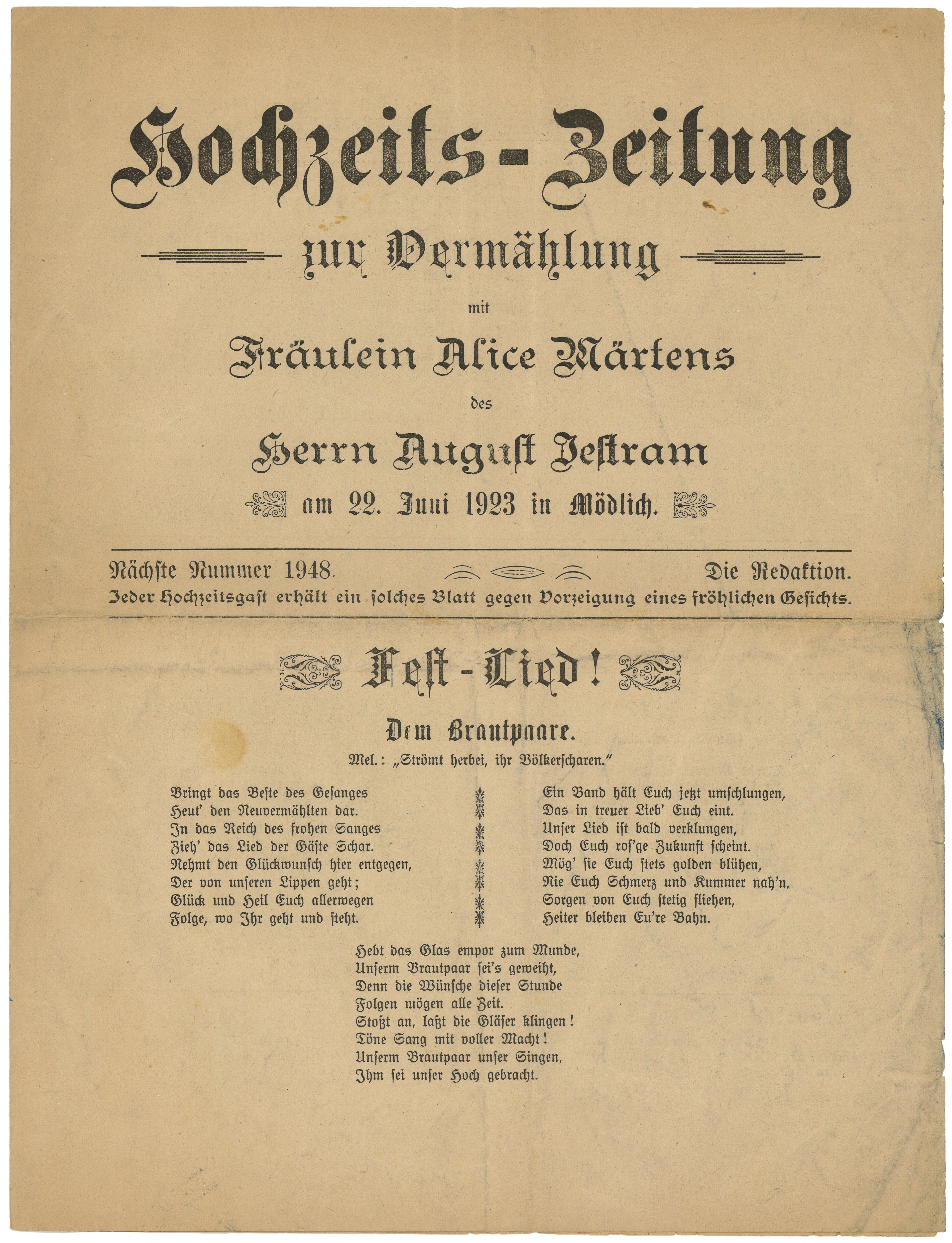 Hochzeitszeitung für August Jestram und Alice Märtens in Mödlich 1923 (Landesgeschichtliche Vereinigung für die Mark Brandenburg e.V., Archiv CC BY)