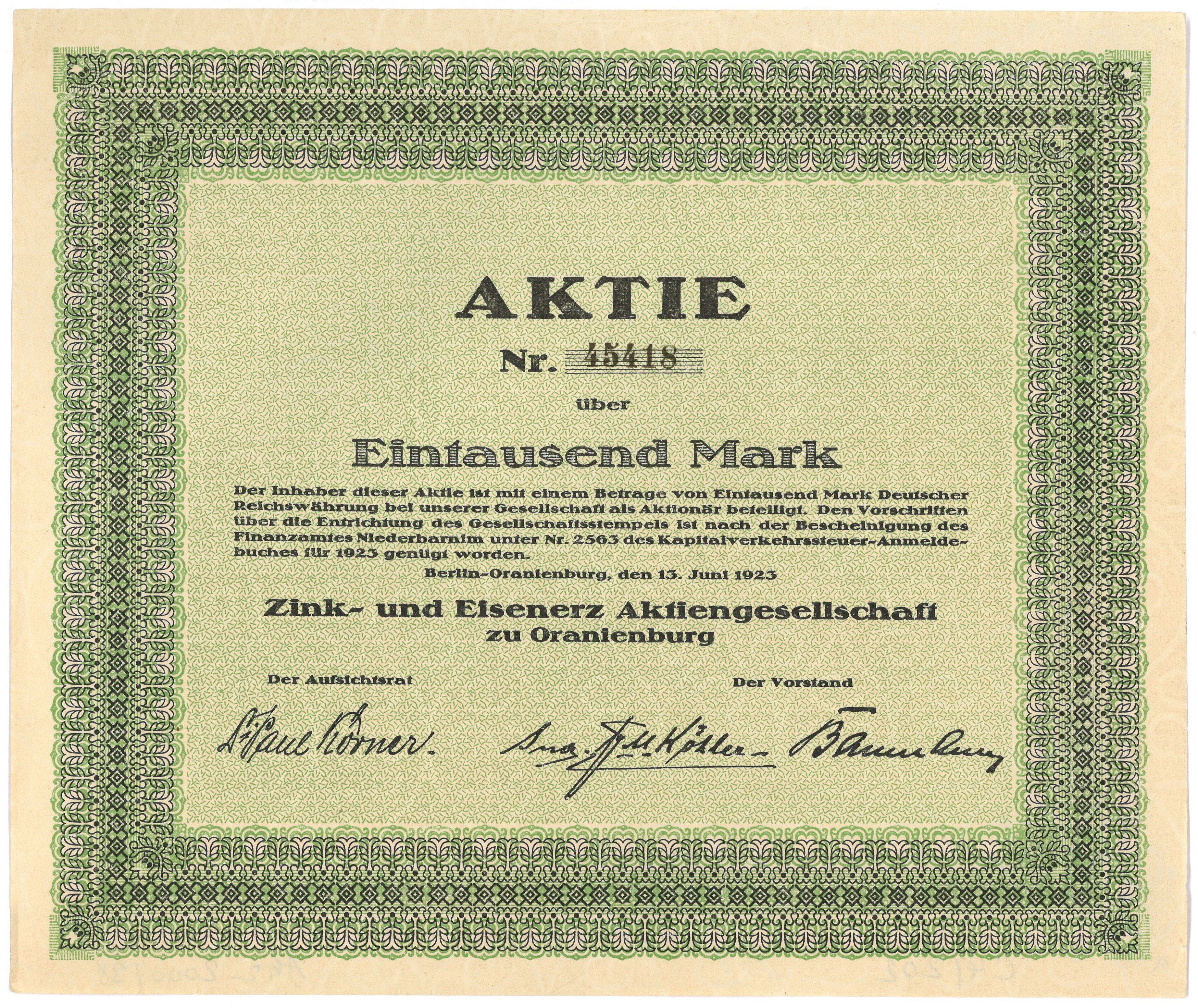 Aktie der Zink- und Eisenerz AG zu Oranienburg 1923 (Landesgeschichtliche Vereinigung für die Mark Brandenburg e.V., Archiv CC BY)