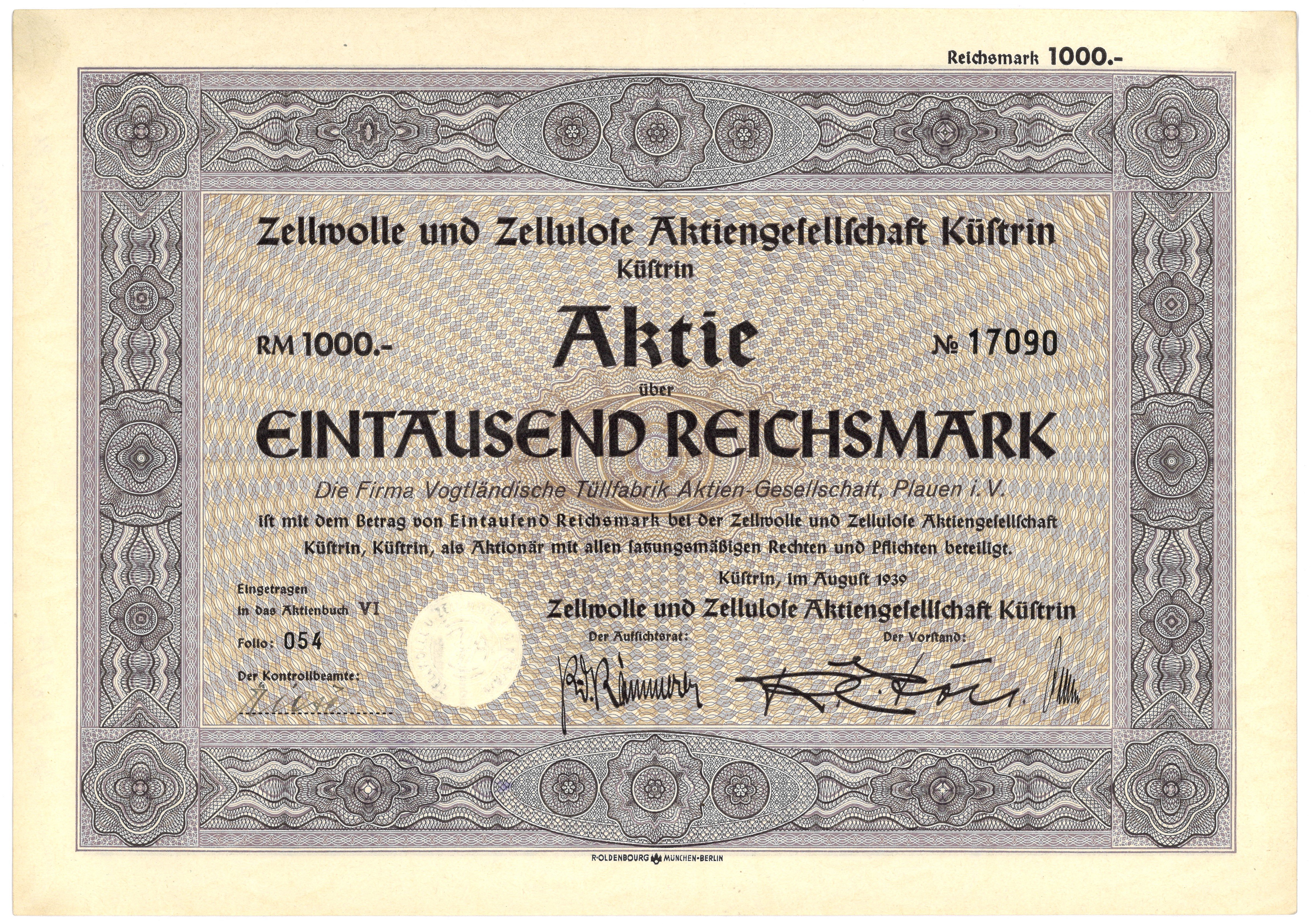 Aktie der Zellwolle- und Zellulose AG Küstrin 1939 (Landesgeschichtliche Vereinigung für die Mark Brandenburg e.V., Archiv CC BY)