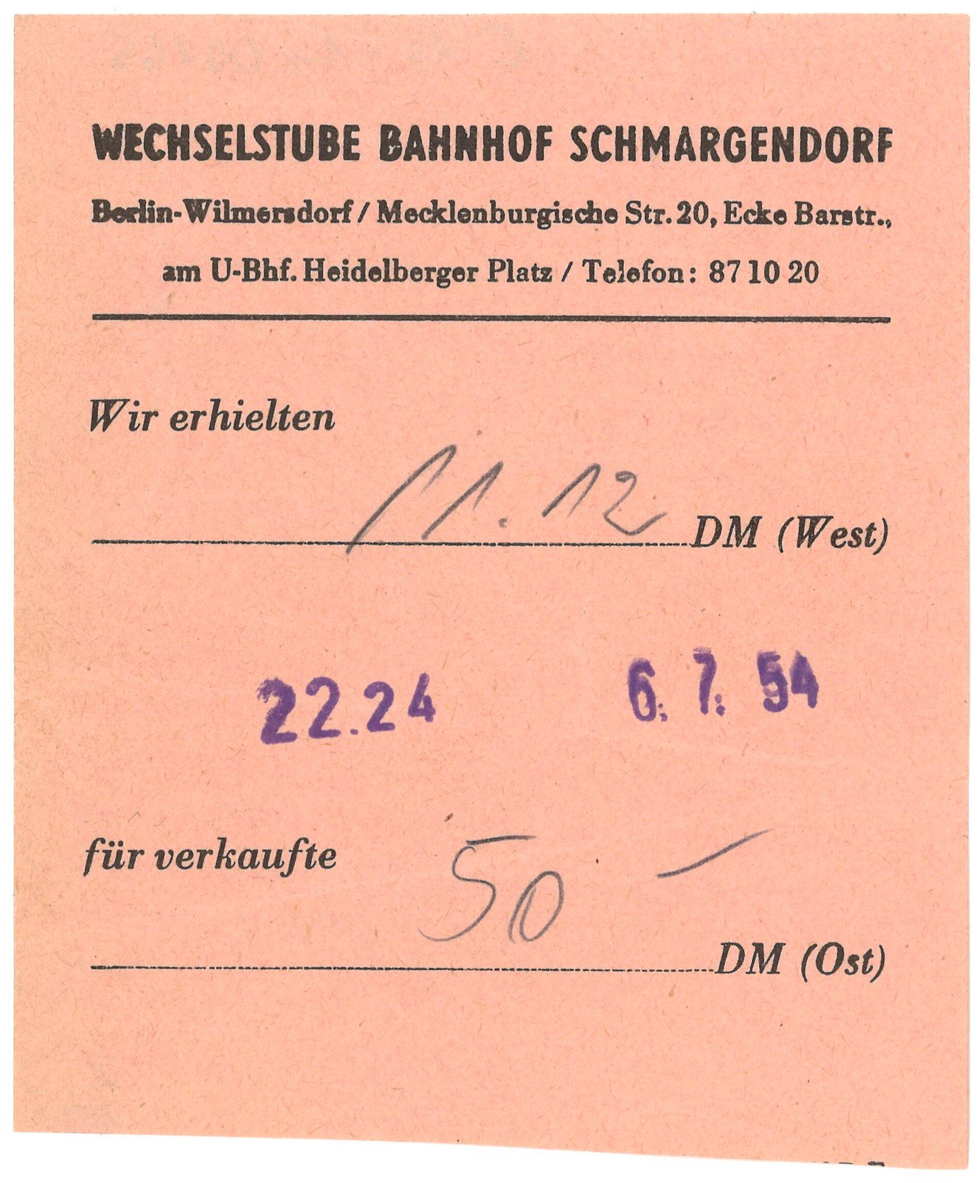 Umtauschquittung der Wechselstube Bahnhof Schmargendorf in Berlin 1954 (Landesgeschichtliche Vereinigung für die Mark Brandenburg e.V., Archiv CC BY)