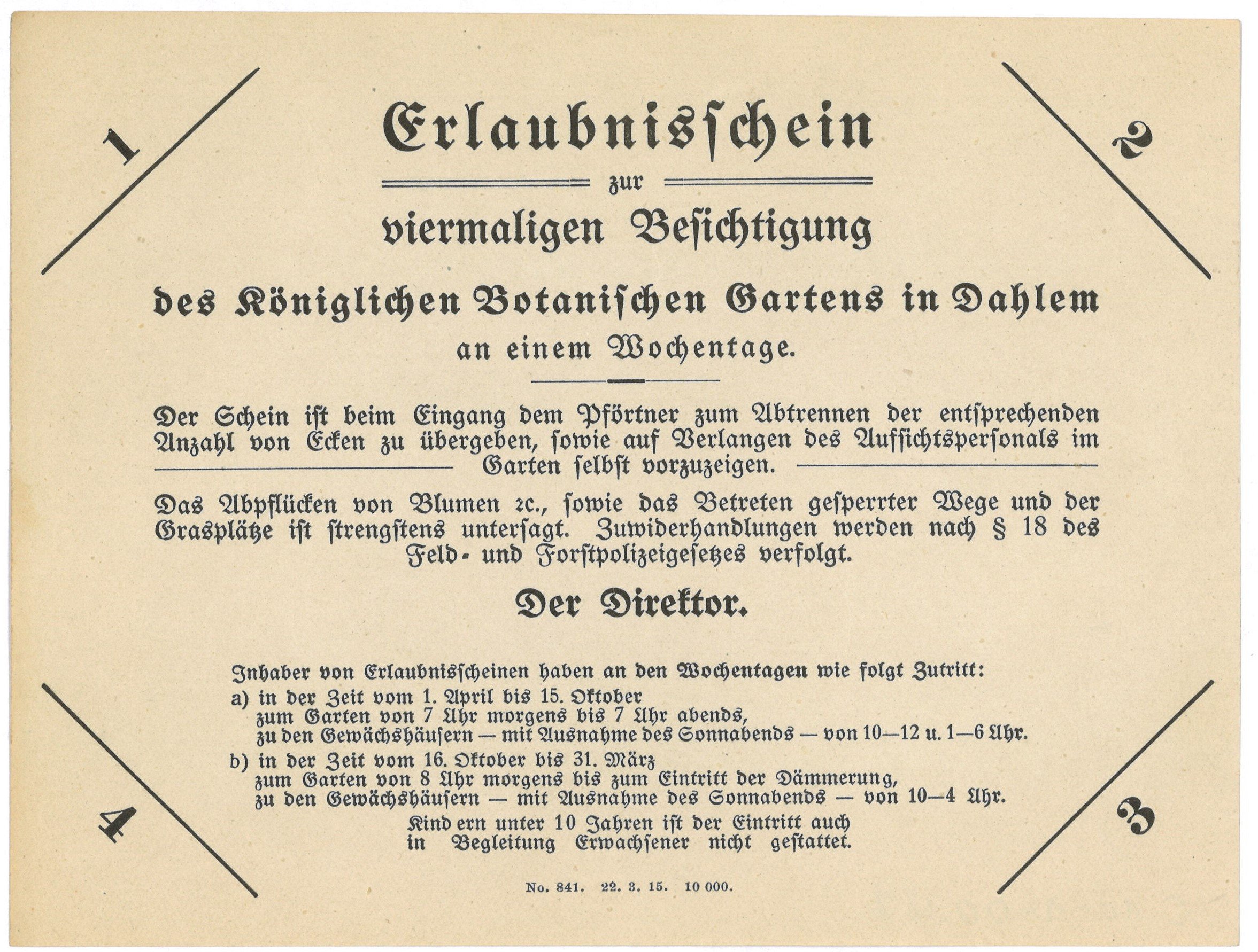 Erlaubnisschein zum Besuch des Botanischen Gartens in (Berlin-)Dahlem (1915) (Landesgeschichtliche Vereinigung für die Mark Brandenburg e.V., Archiv CC BY)