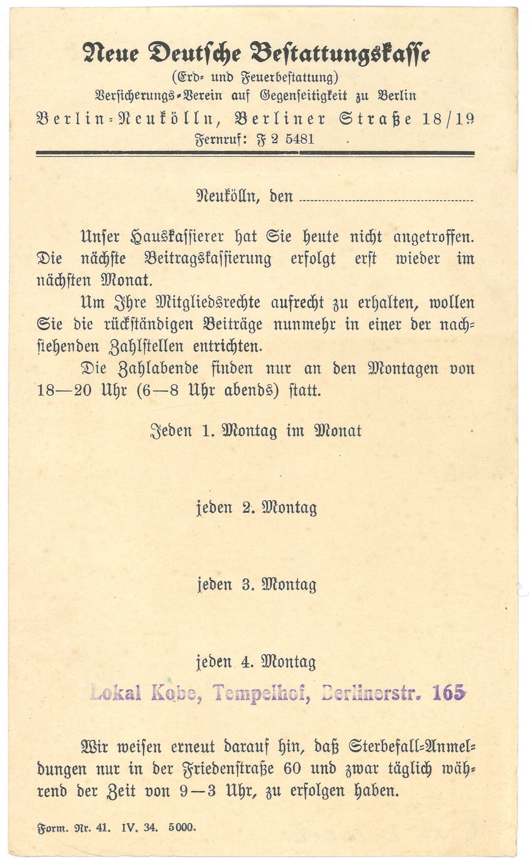 Formular der Neuen Deutschen Bestattungskasse in Berlin-Neukölln für Beitragsmahnung (1934) (Landesgeschichtliche Vereinigung für die Mark Brandenburg e.V., Archiv CC BY)