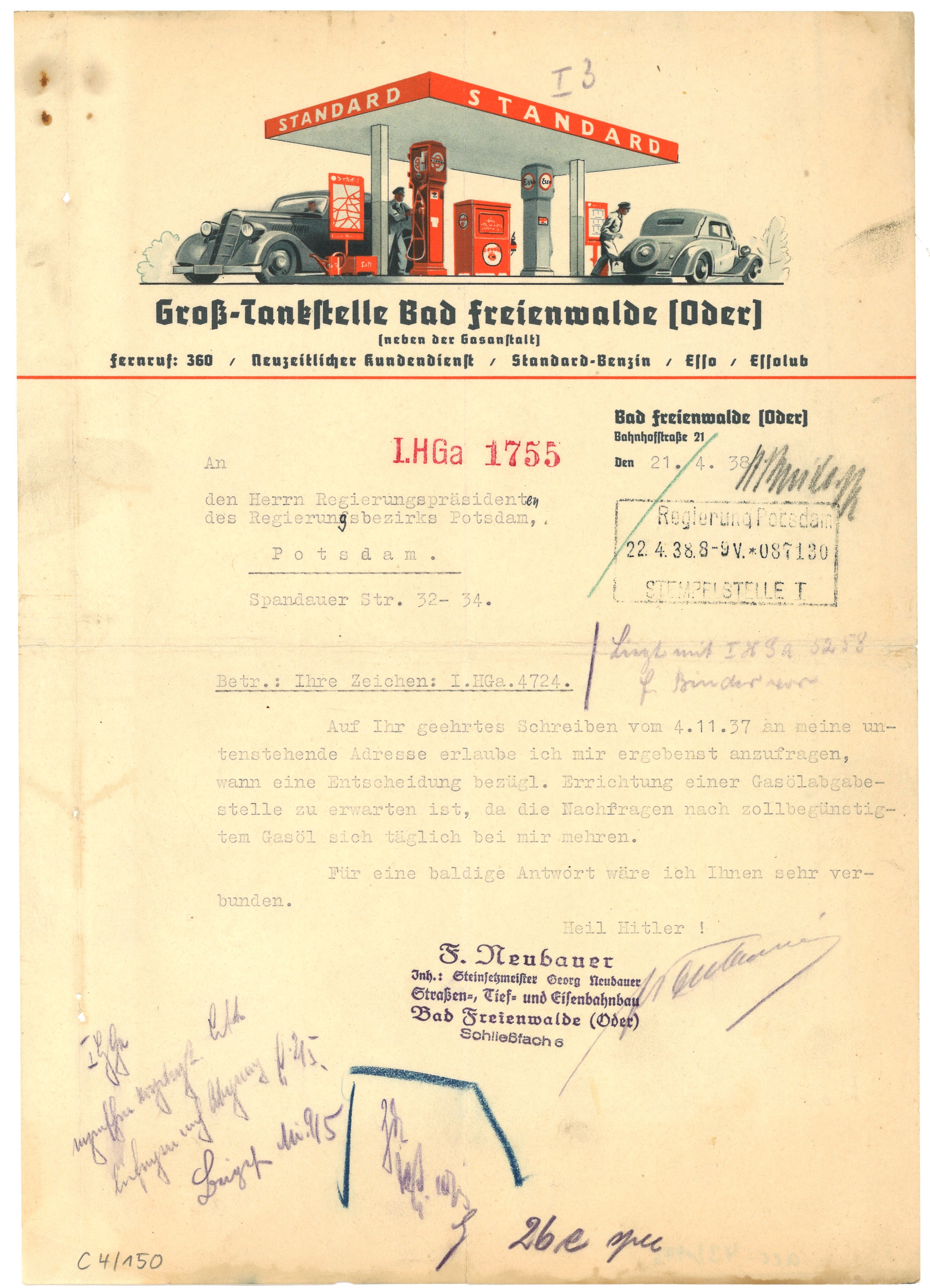Geschäftsbrief der Groß-Tankstelle Bad Freienwalde (Oder) 1938 (Landesgeschichtliche Vereinigung für die Mark Brandenburg e.V., Archiv CC BY)