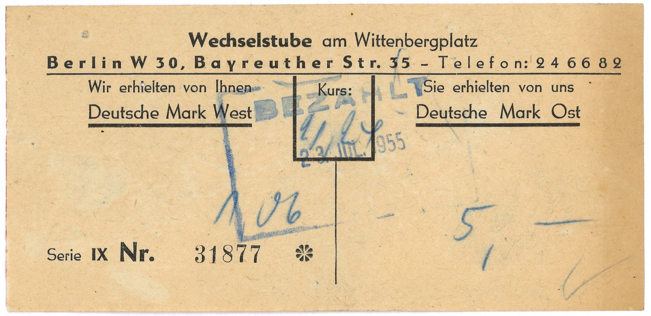 Umtauschquittung der Wechselstube am Wittenbergplatz in Berlin 1955 (Landesgeschichtliche Vereinigung für die Mark Brandenburg e.V., Archiv CC BY)