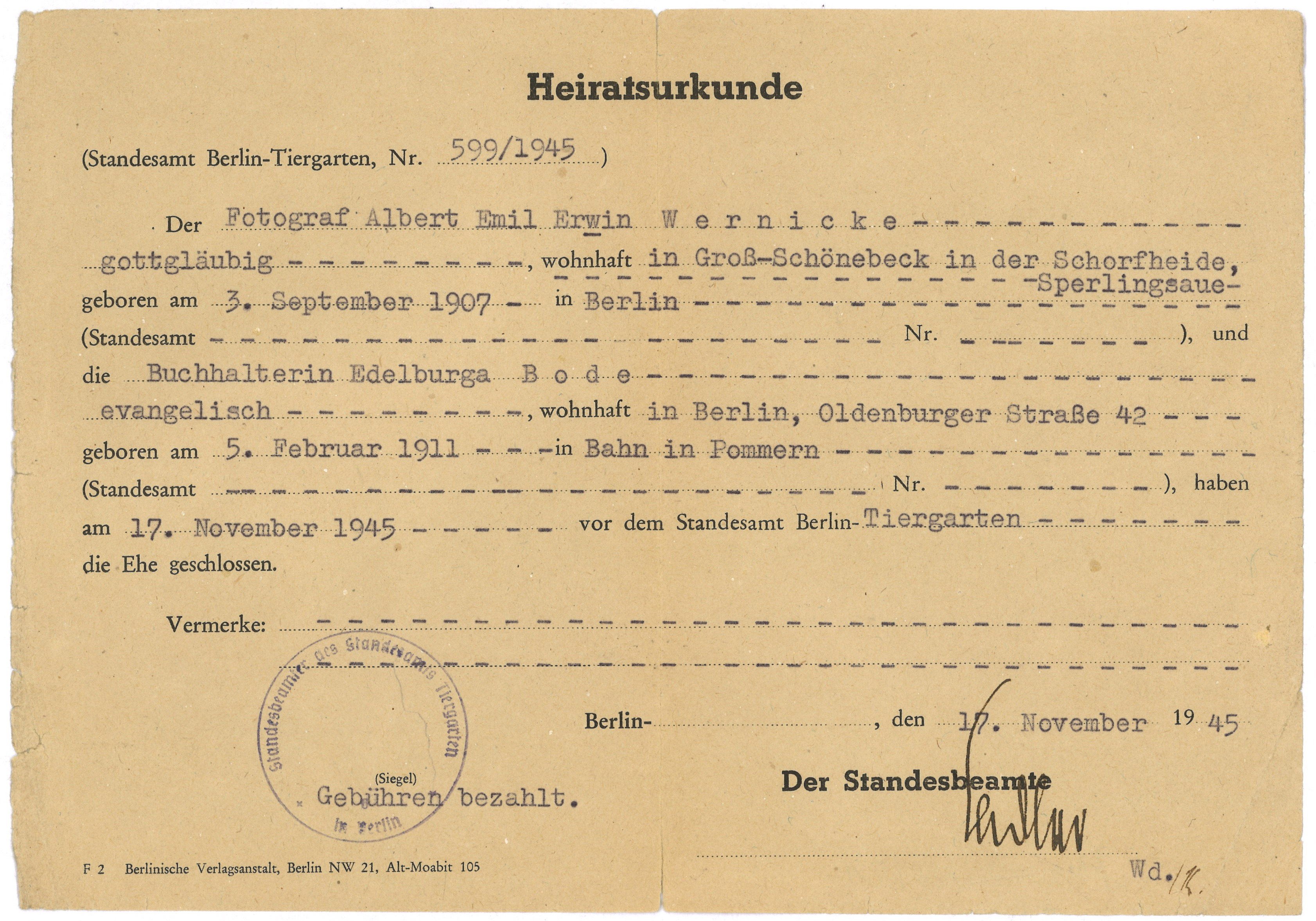Heiratsurkunde Fotograf Erwin Wernicke und Buchhalterin Edelburga Bode in Berlin 1945 (Landesgeschichtliche Vereinigung für die Mark Brandenburg e.V., Archiv CC BY)
