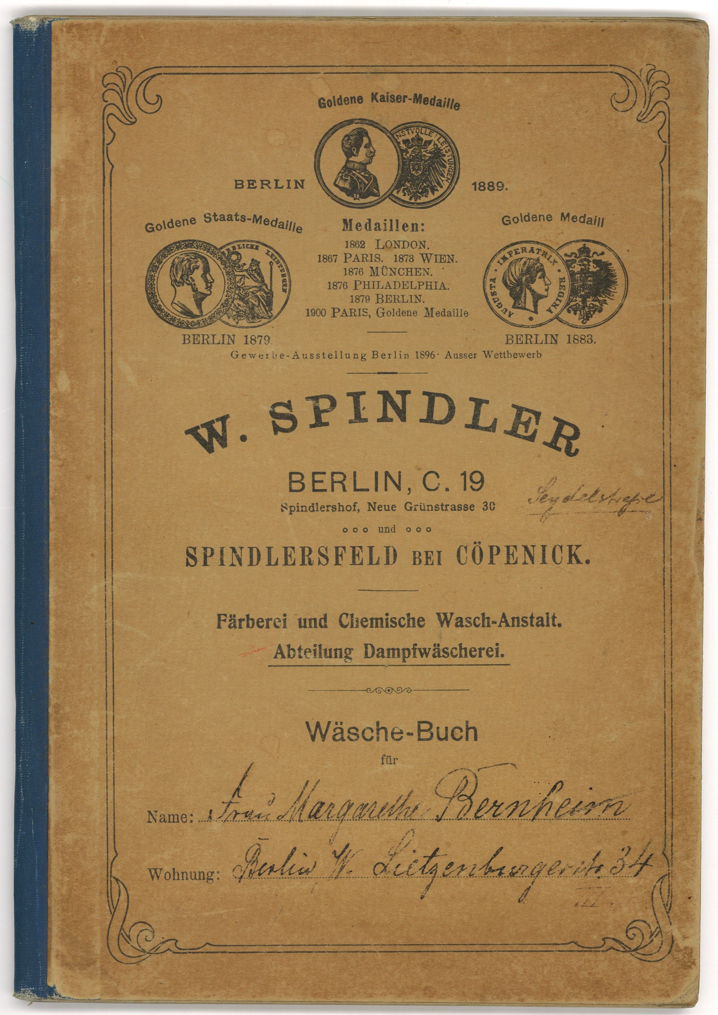 Wäsche-Buch der Dampfwäscherei W. Spindler in Berlin für Margarethe Bernheim (1917–1920) (Landesgeschichtliche Vereinigung für die Mark Brandenburg e.V., Archiv CC BY)