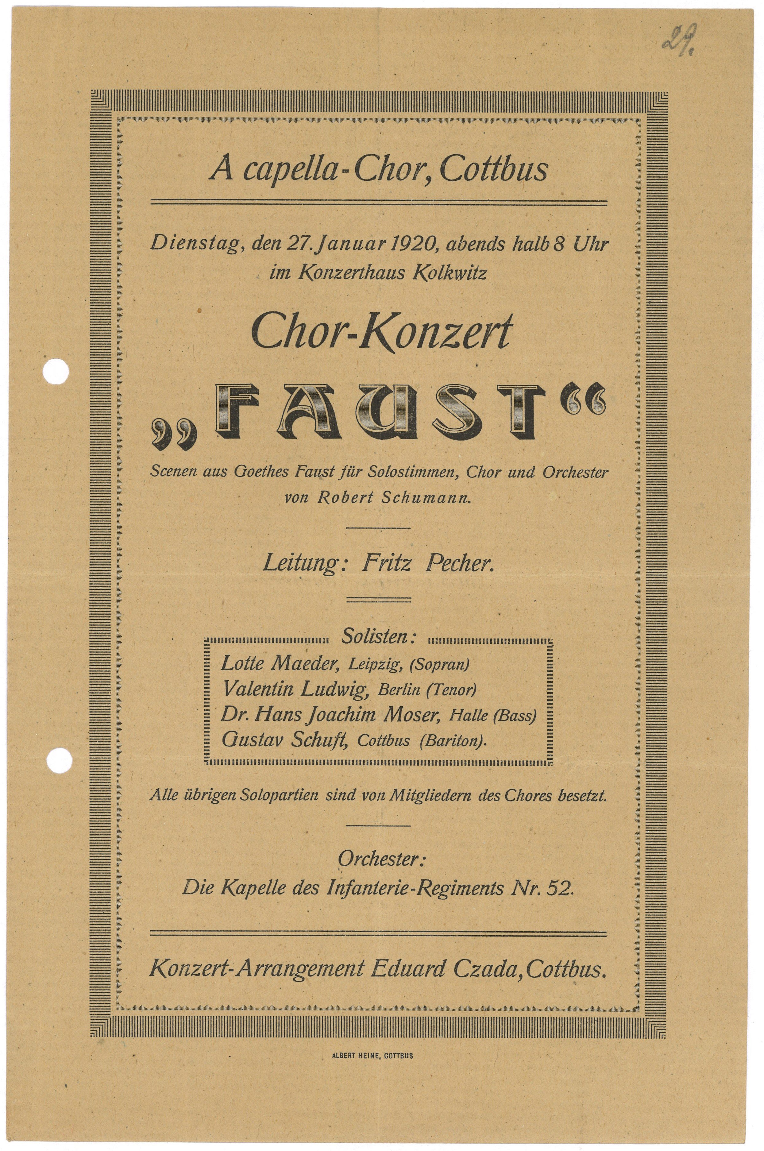 Programm zum Chorkonzert "Faust" des A-capella-Chors in Cottbus am 27. Januar 1920 (Landesgeschichtliche Vereinigung für die Mark Brandenburg e.V., Archiv CC BY)