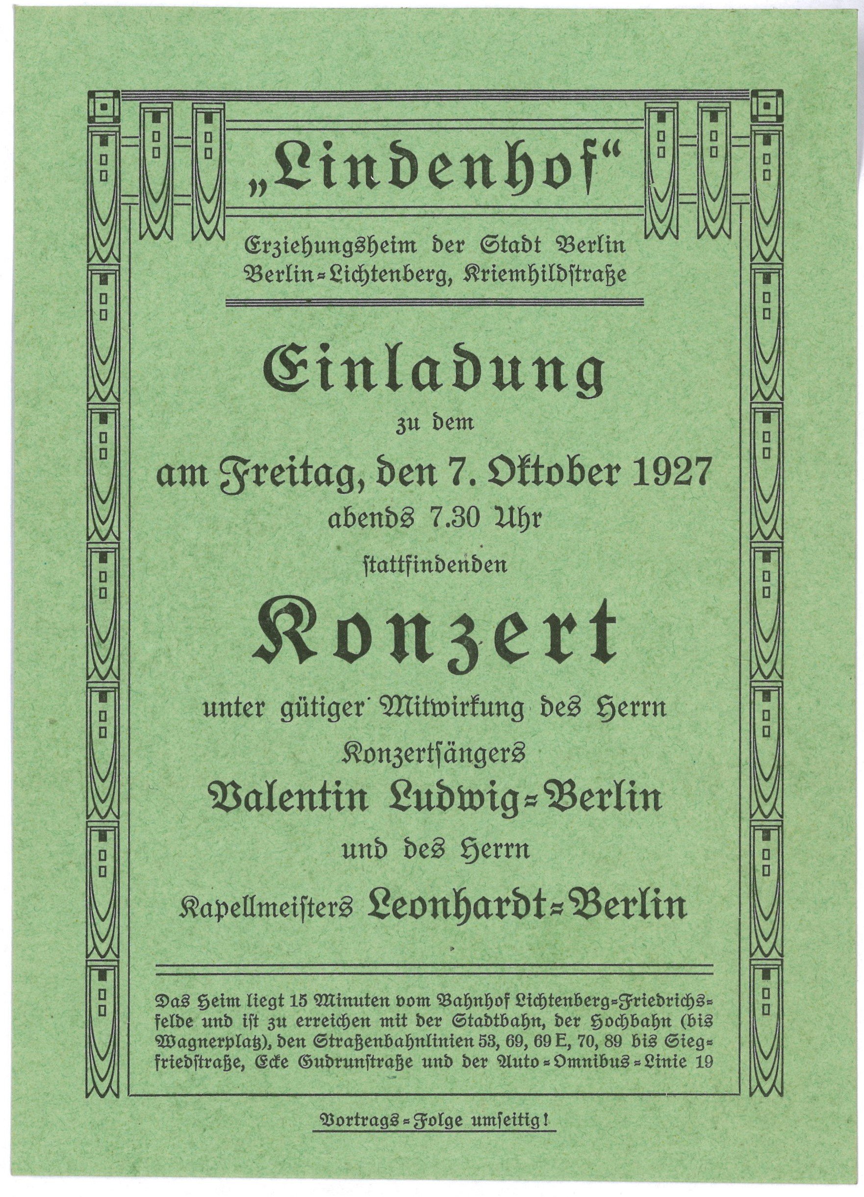 Einladung und Programm zum Konzert im Lindenhof in Berlin-Lichtenberg am 7. Oktober 1927 (Landesgeschichtliche Vereinigung für die Mark Brandenburg e.V., Archiv CC BY)