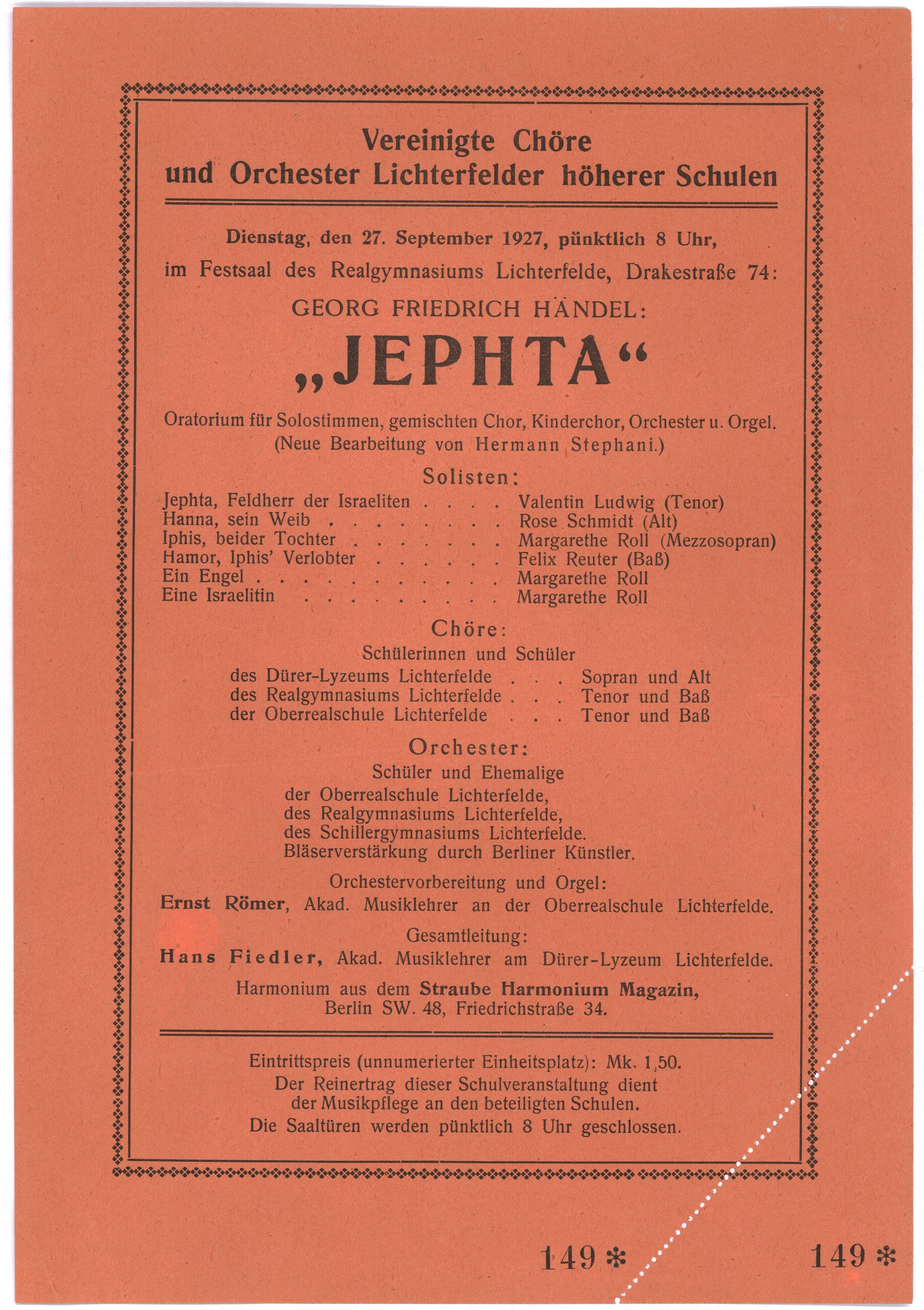 Konzertprogramm der Vereinigten Chöre und Orchester Lichterfelder höherer Schulen für die Aufführung von "Jephta" (Händel) am 27. September 1927 (Landesgeschichtliche Vereinigung für die Mark Brandenburg e.V., Archiv CC BY)