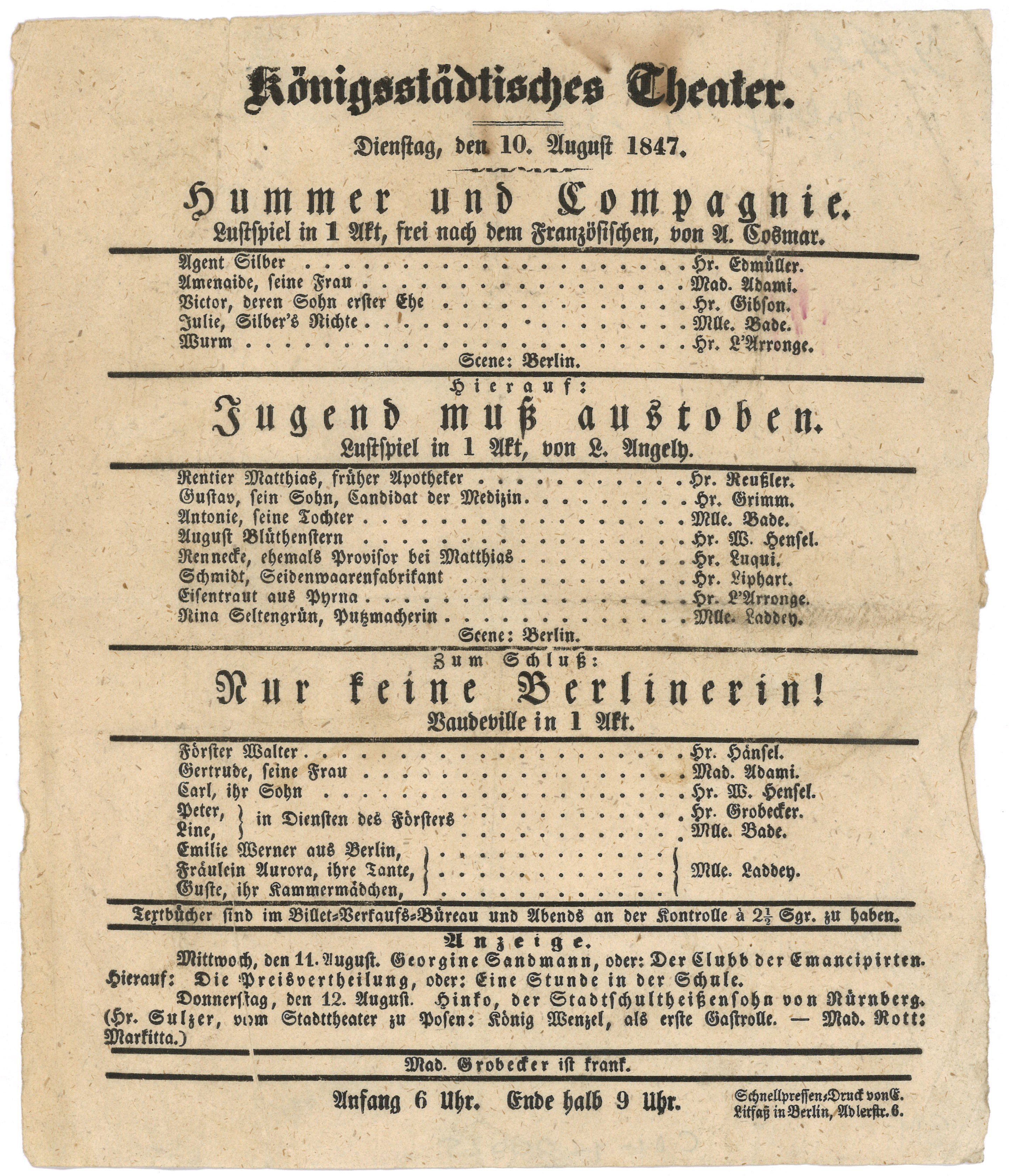 Theaterzettel des Königsstädtischen Theaters in Berlin für den 10. August 1847 (Landesgeschichtliche Vereinigung für die Mark Brandenburg e.V., Archiv CC BY)