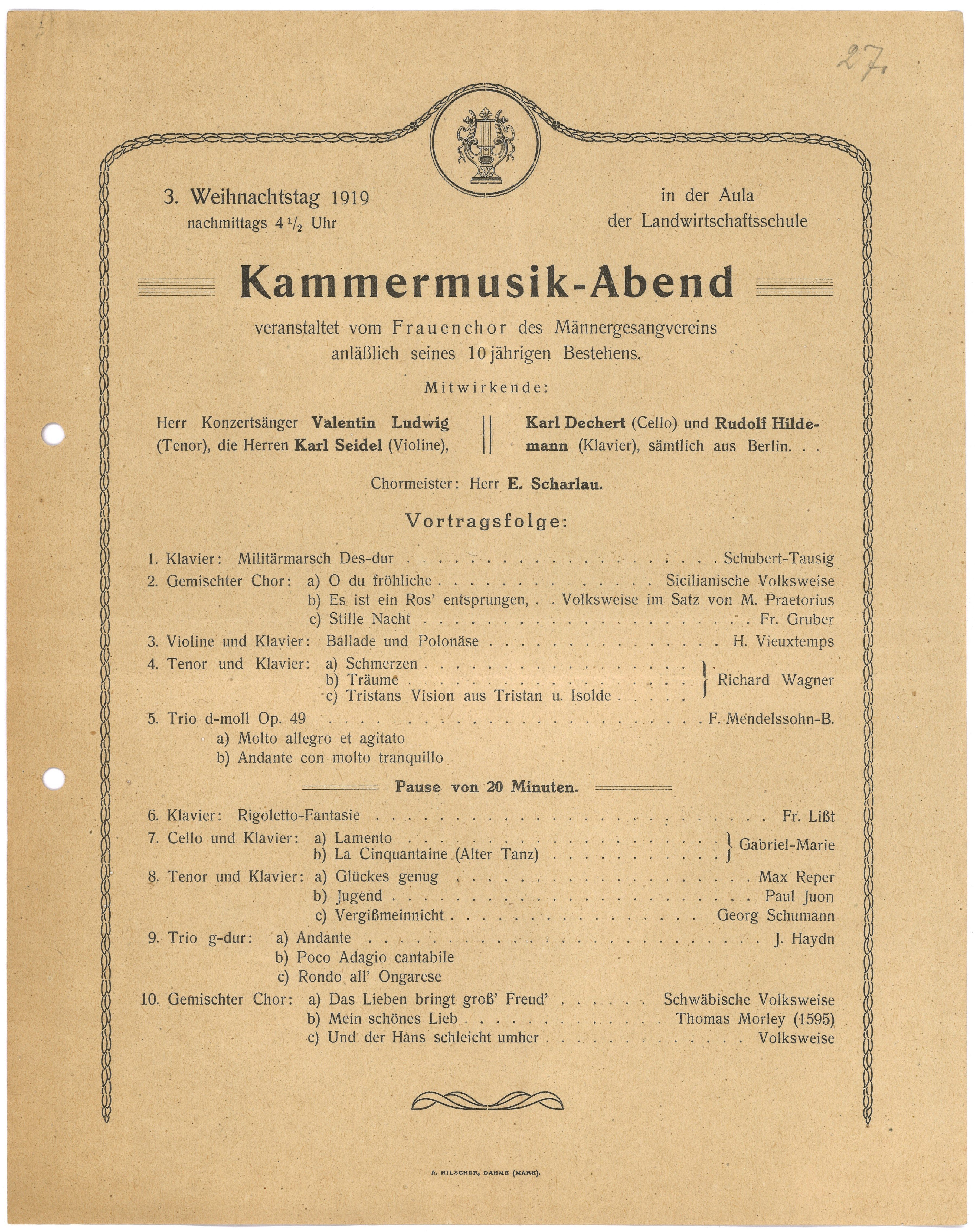 Konzertprogramm für den Kammermusikabend des Frauenchors des Männergesangvereins in Dahme (Mark) am 27. Dezember 1919 (Landesgeschichtliche Vereinigung für die Mark Brandenburg e.V., Archiv CC BY)