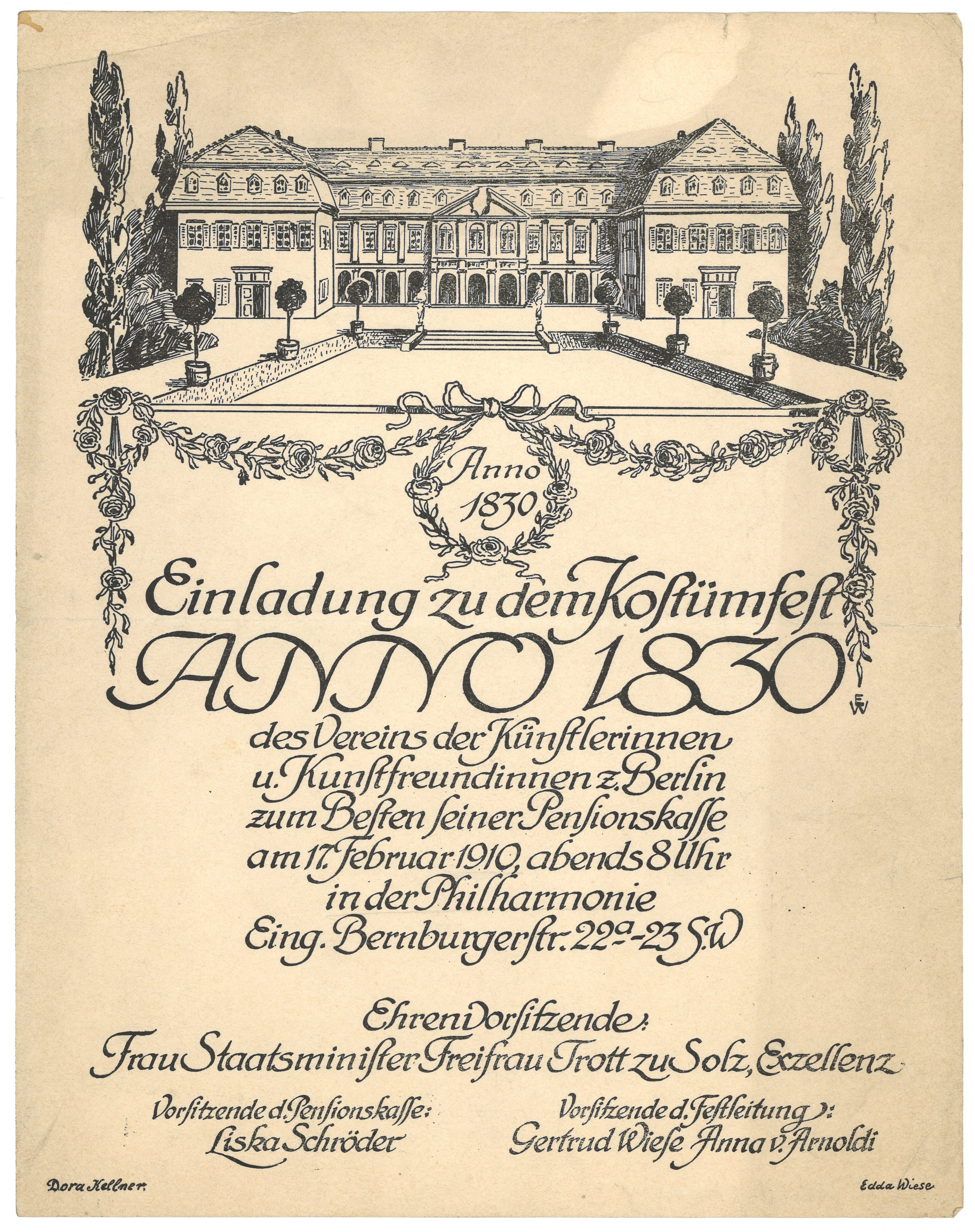 Einladung zum Kostümfest des Vereins der Künstlerinnen und Kunstfreundinnen zu Berlin 1910 (Landesgeschichtliche Vereinigung für die Mark Brandenburg e.V., Archiv CC BY)