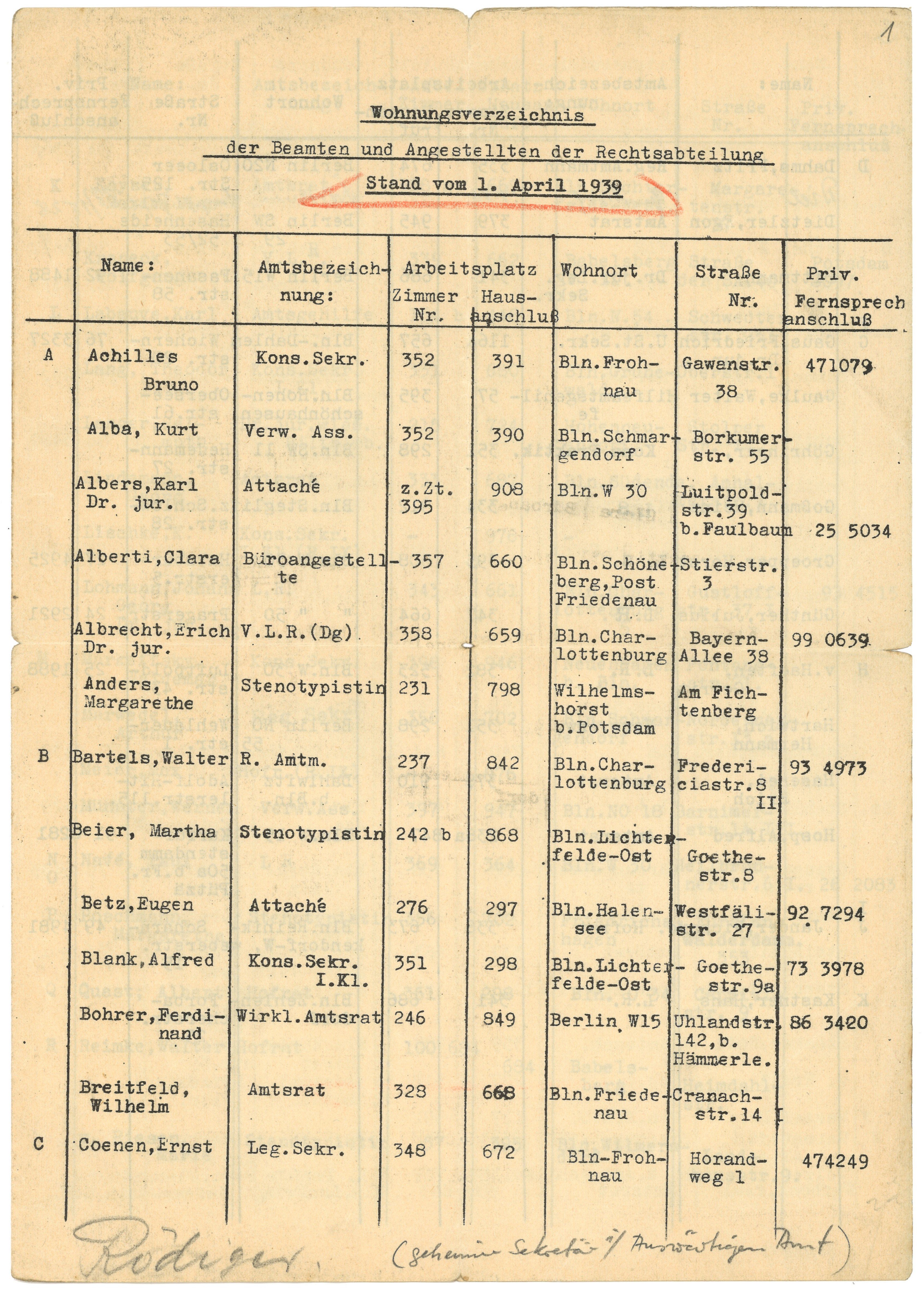 Wohnungsverzeichnis der Beamten und Angestellten der Rechtsabteilung des Auswärtigen Amtes 1939 (Landesgeschichtliche Vereinigung für die Mark Brandenburg e.V., Archiv CC BY)