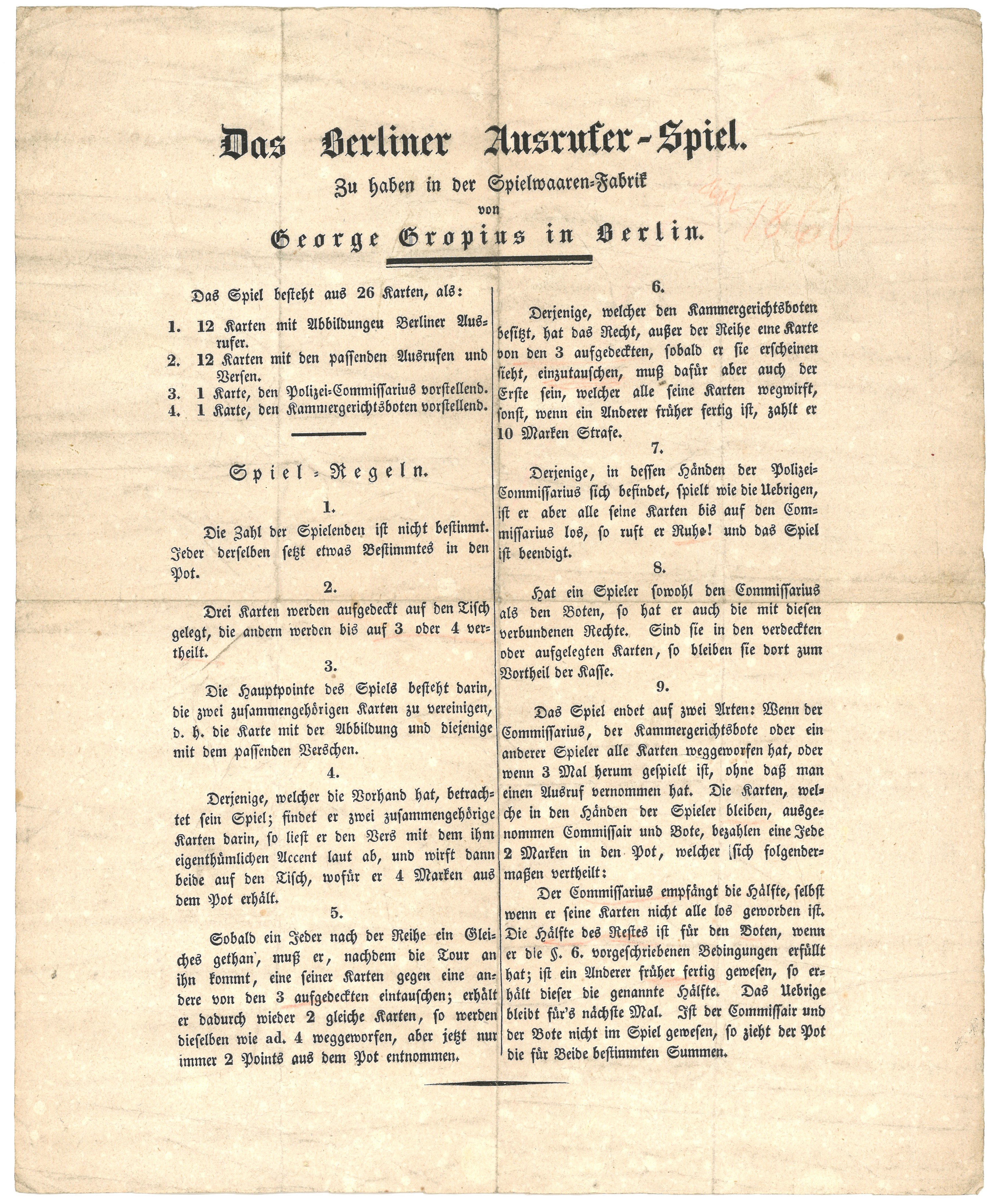 Spielregeln für das Berliner Ausrufer-Spiel (ca. 1840) (Landesgeschichtliche Vereinigung für die Mark Brandenburg e.V., Archiv CC BY)
