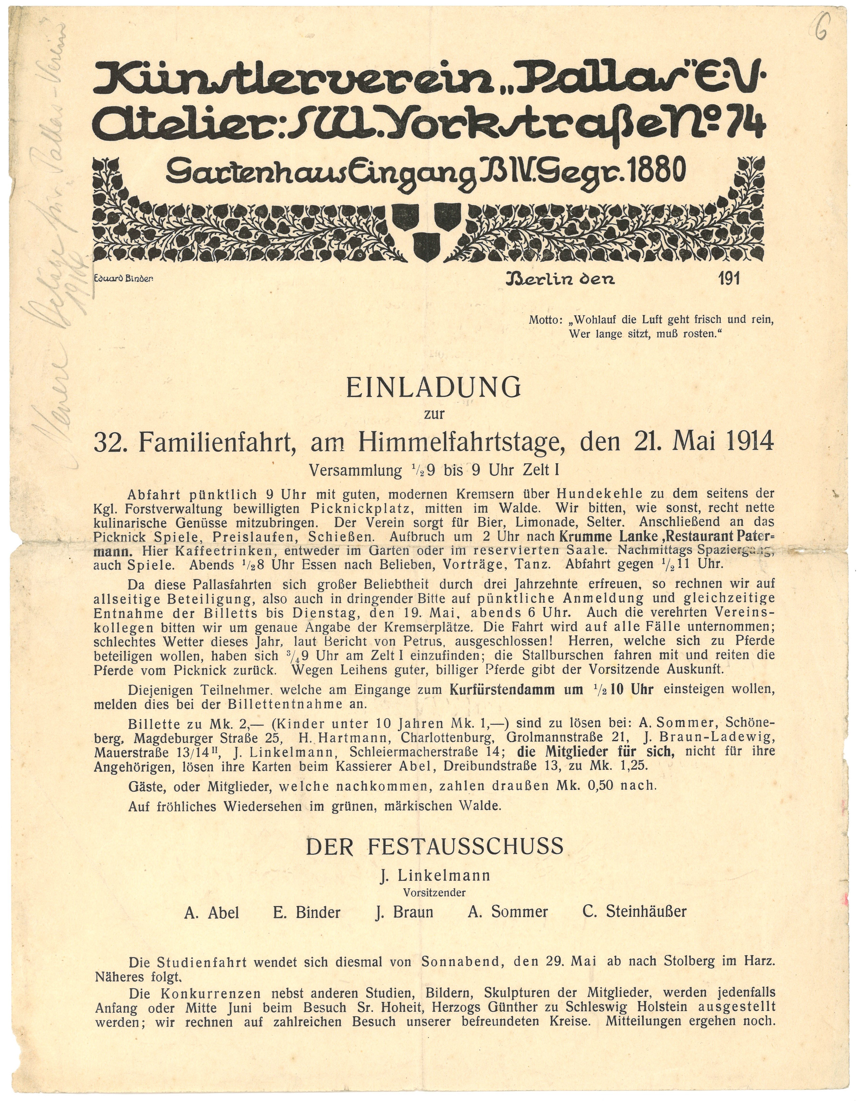 Einladung zur 32. Familienfahrt des Künstlervereins "Pallas" in Berlin 1914 (Landesgeschichtliche Vereinigung für die Mark Brandenburg e.V., Archiv CC BY)