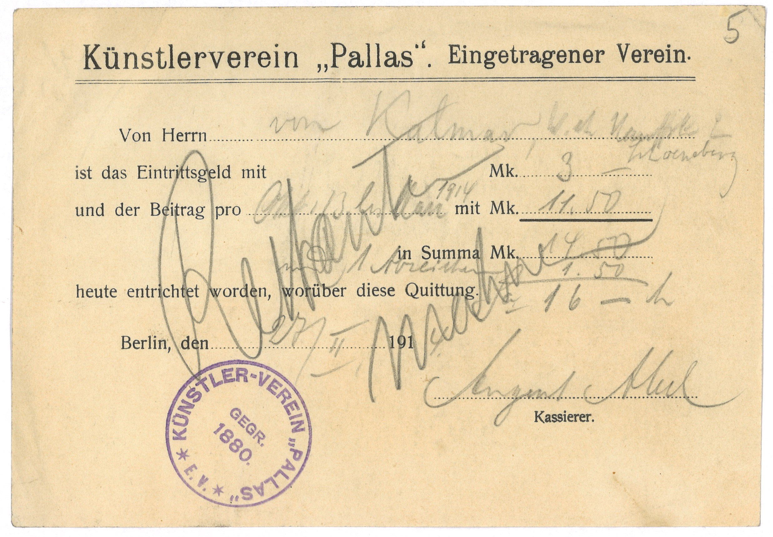 Quittung des Künstlervereins "Pallas" in Berlin für Hans Kalmar 1914 (Landesgeschichtliche Vereinigung für die Mark Brandenburg e.V., Archiv CC BY)