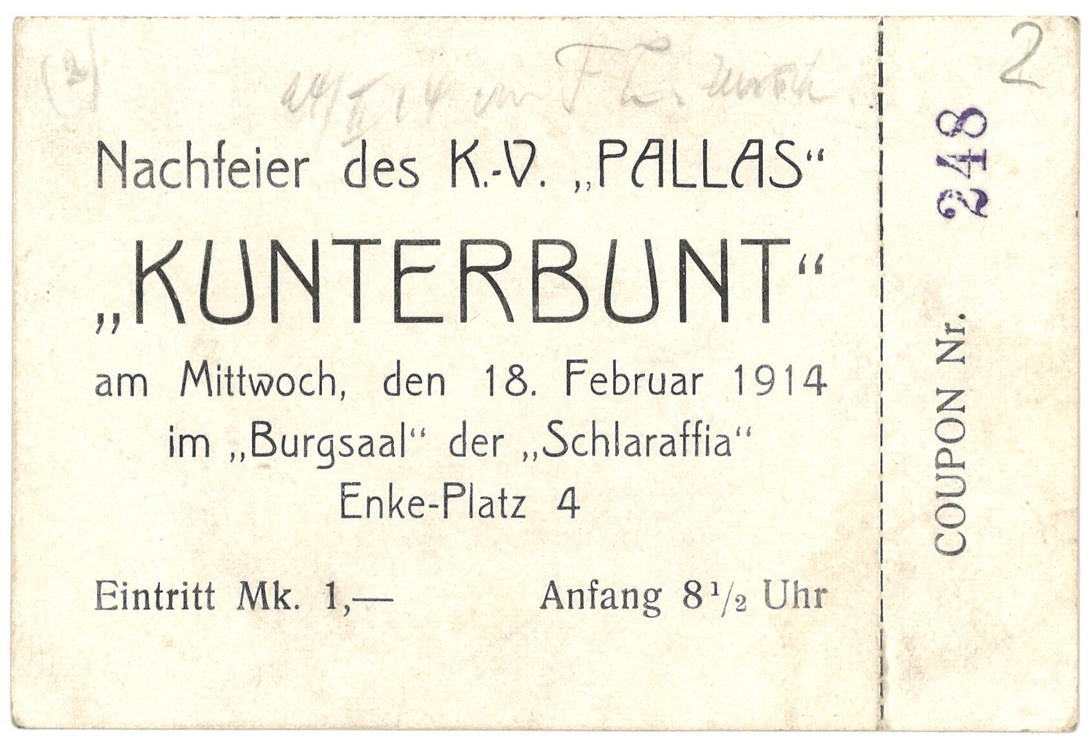 Eintrittskarte zur Nachfeier des Künstlervereins "Pallas" in Berlin 1914 (Landesgeschichtliche Vereinigung für die Mark Brandenburg e.V., Archiv CC BY)