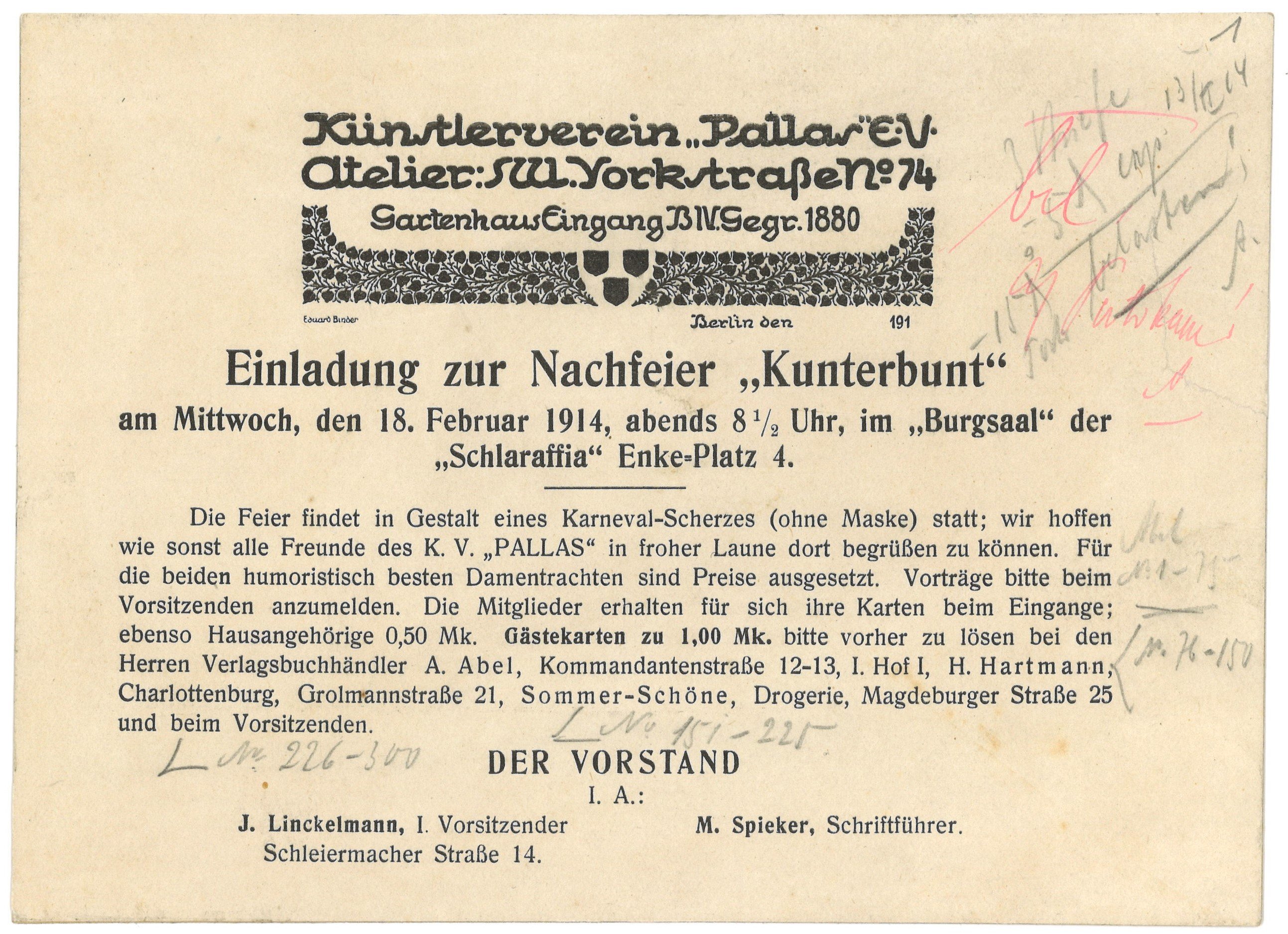 Einladung zur Nachfeier des Künstlervereins "Pallas" in Berlin 1914 (Landesgeschichtliche Vereinigung für die Mark Brandenburg e.V., Archiv CC BY)