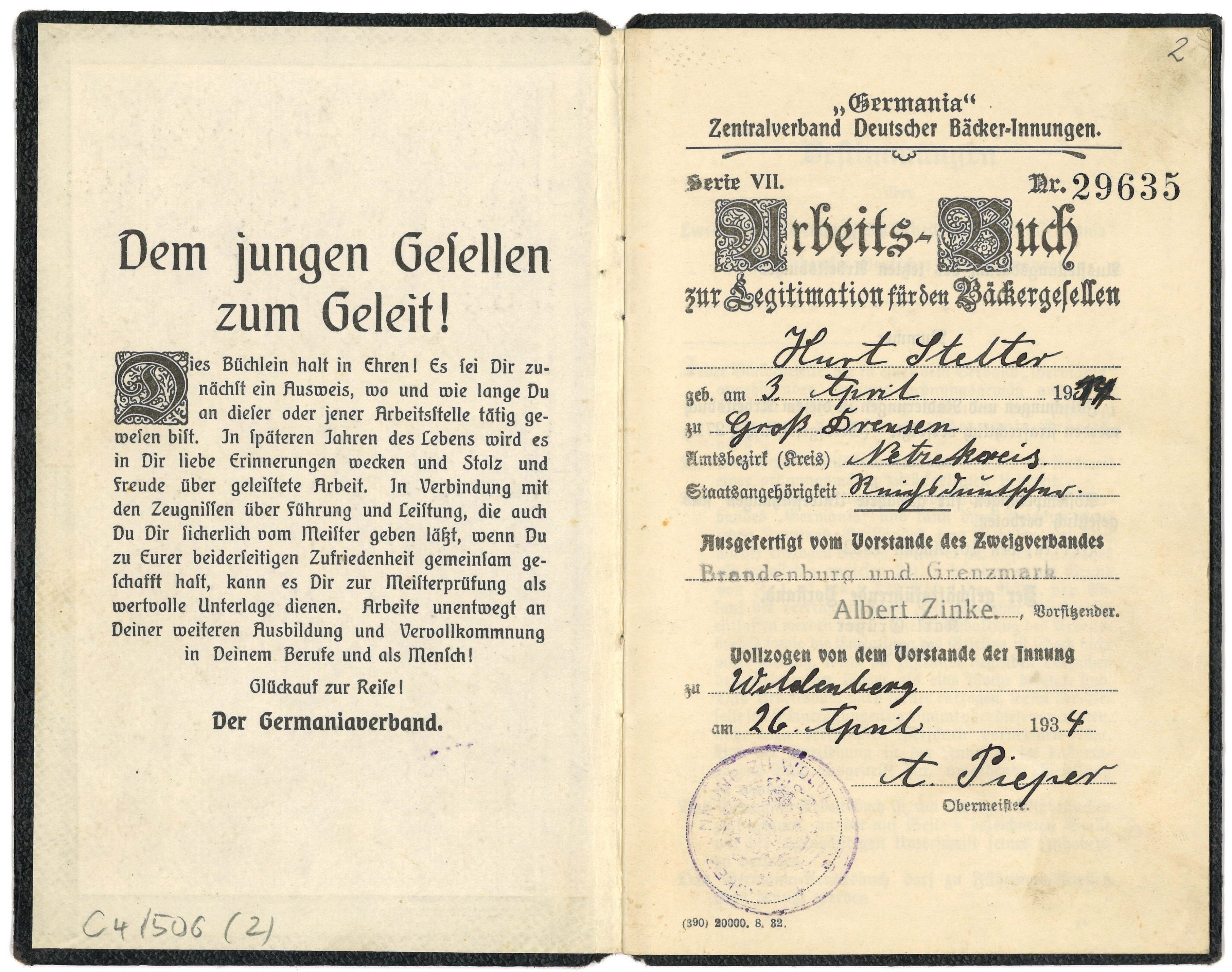Arbeitsbuch für den Bäckergesellen Kurt Stelter in Woldenberg/Nm. 1934 (Landesgeschichtliche Vereinigung für die Mark Brandenburg e.V., Archiv CC BY)