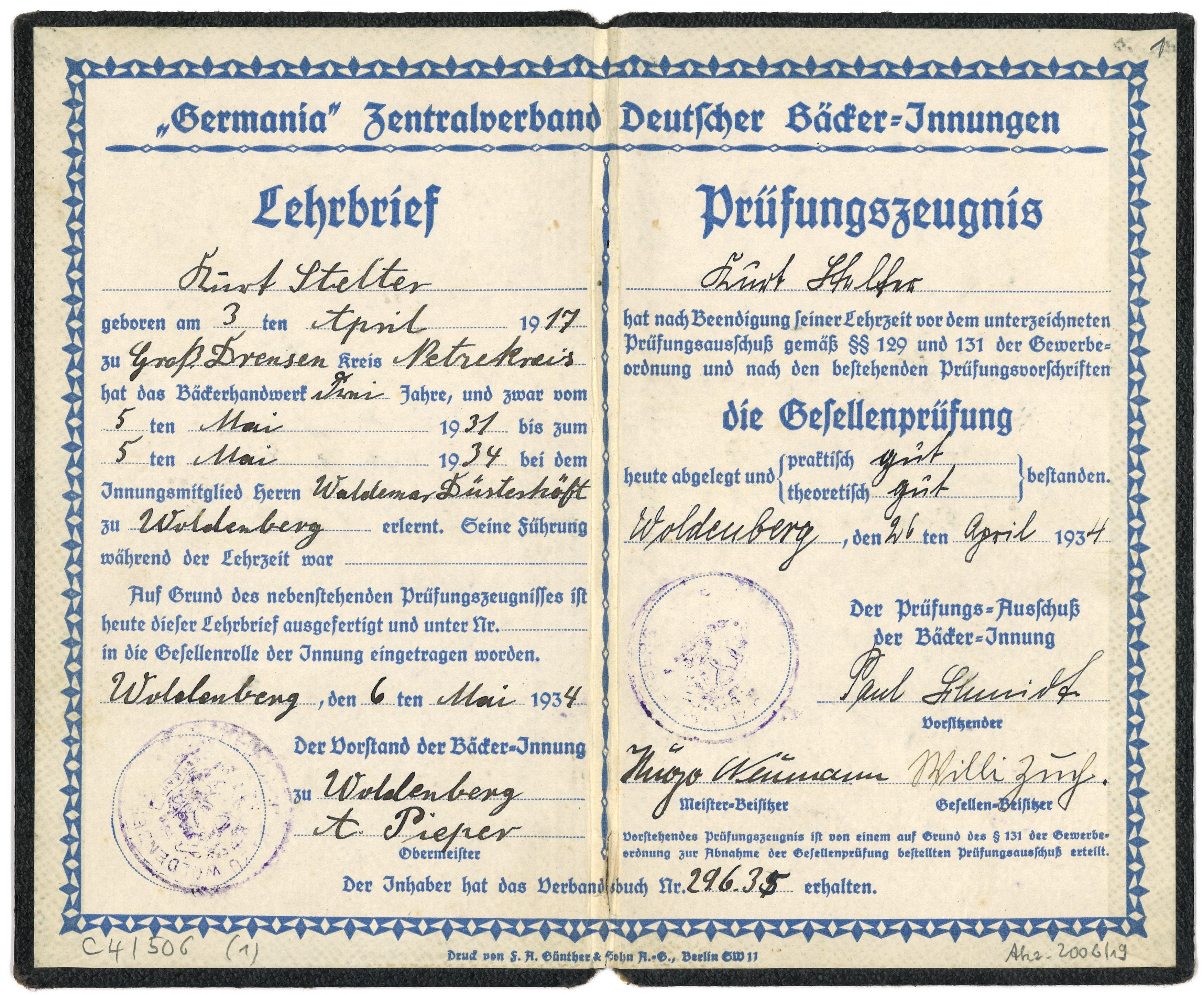 Lehrbrief für den Bäckergesellen Kurt Stelter in Woldenberg/Nm. 1934 (Landesgeschichtliche Vereinigung für die Mark Brandenburg e.V., Archiv CC BY)