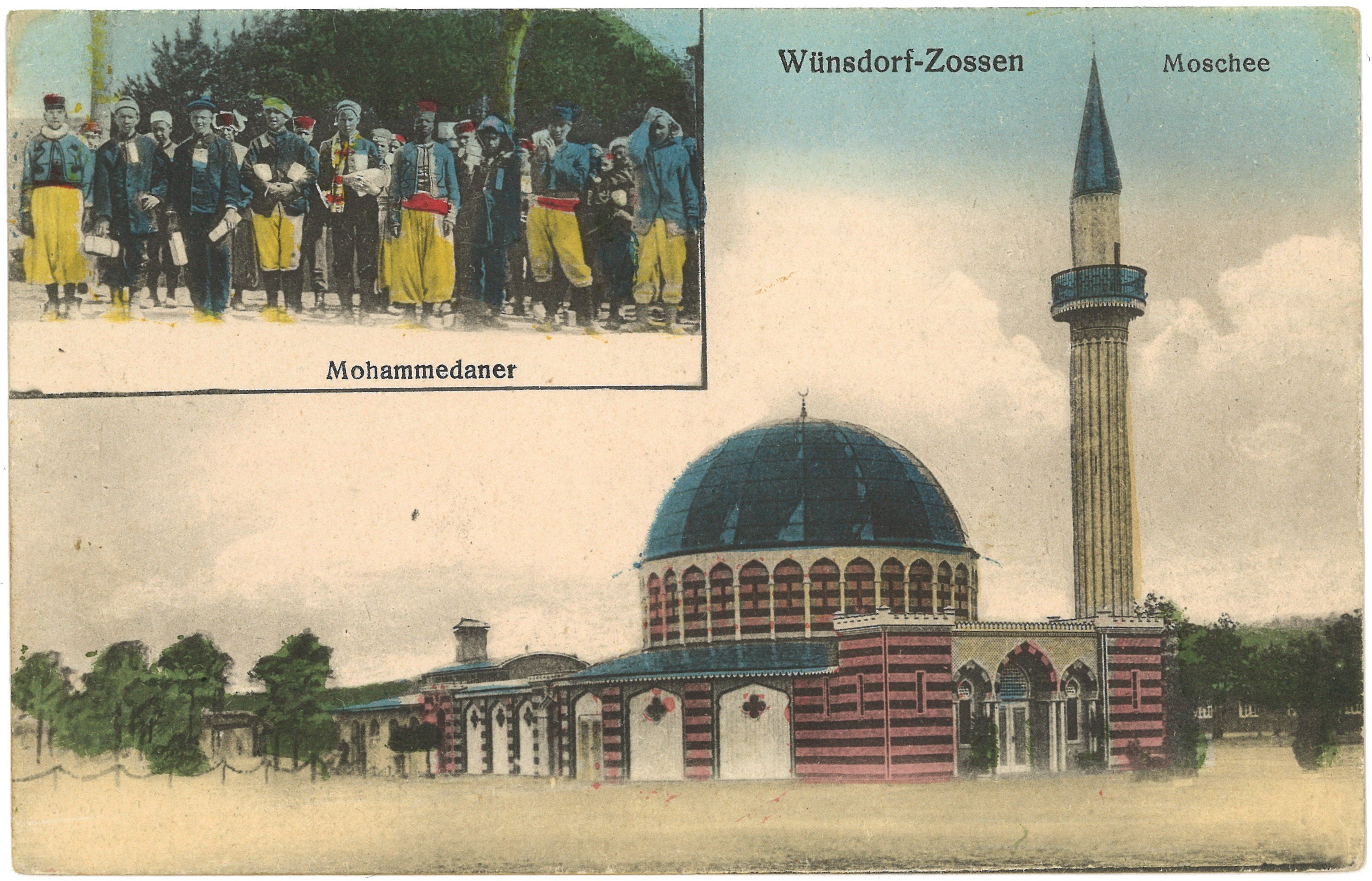 Wünsdorf: Kriegsgefangenenlager ("Halbmondlager"), Moschee und Gruppenbild (Landesgeschichtliche Vereinigung für die Mark Brandenburg e.V., Archiv CC BY)