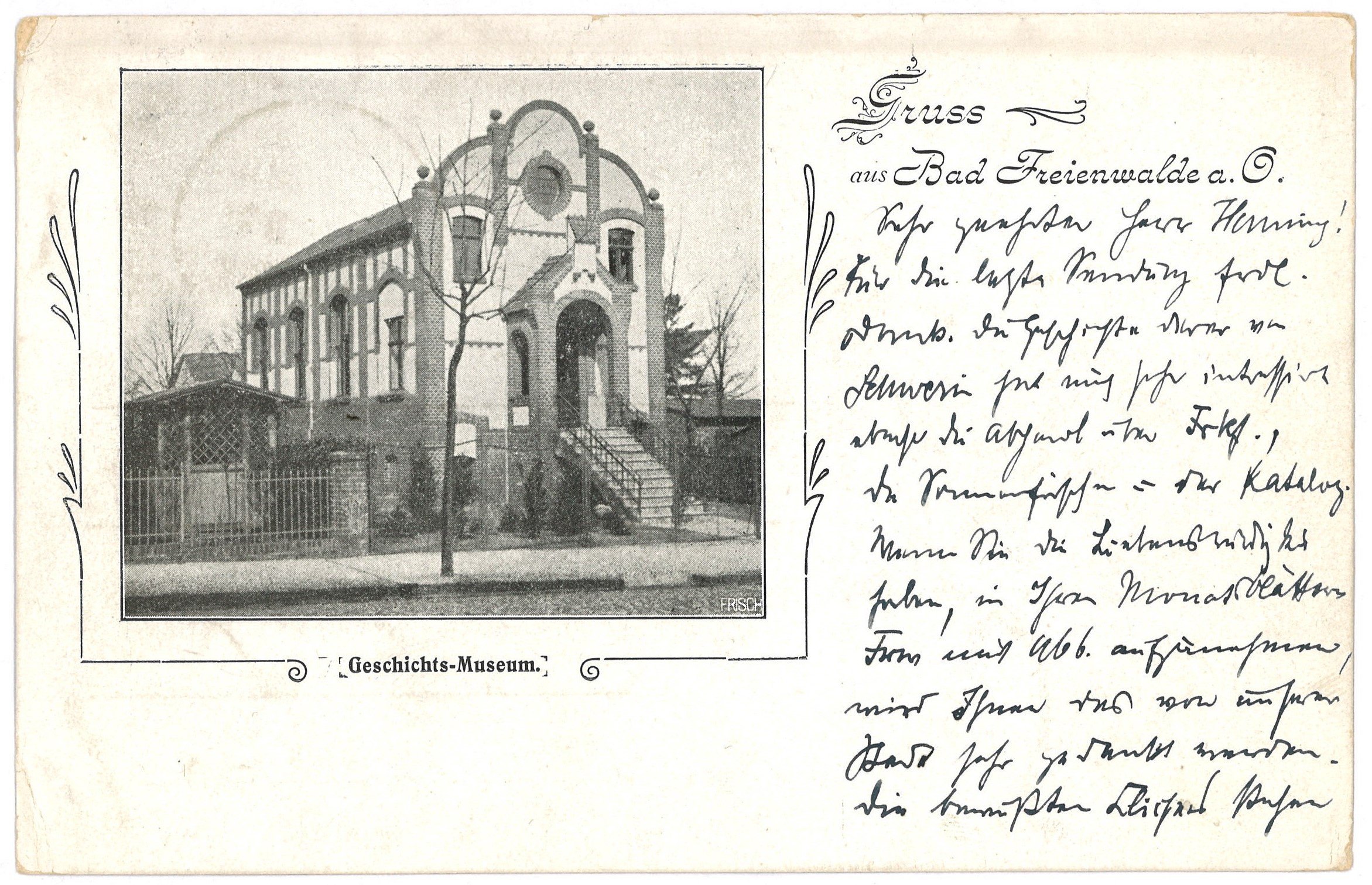 Postkarte Dr. Gustav Fiddicke in Bad Freienwalde (Oder) an Franz Henning in Berlin 1908 (Landesgeschichtliche Vereinigung für die Mark Brandenburg e.V., Archiv CC BY)