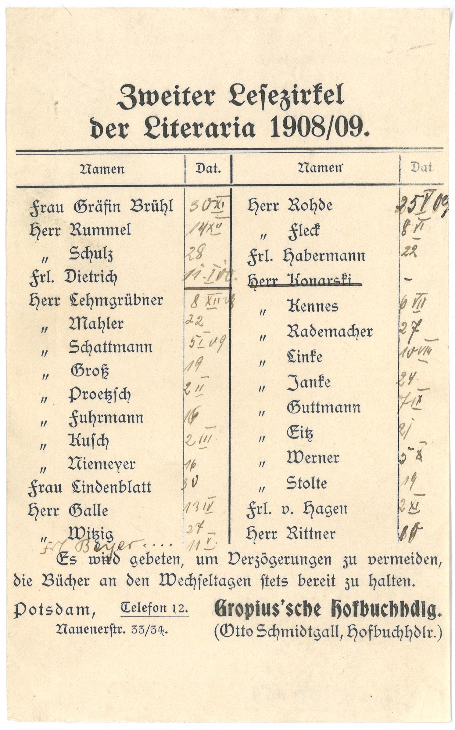 Laufzettel des Zweiten Lesezirkels der "Litteraria" in Potsdam 1908/09 (Landesgeschichtliche Vereinigung für die Mark Brandenburg e.V., Archiv CC BY)