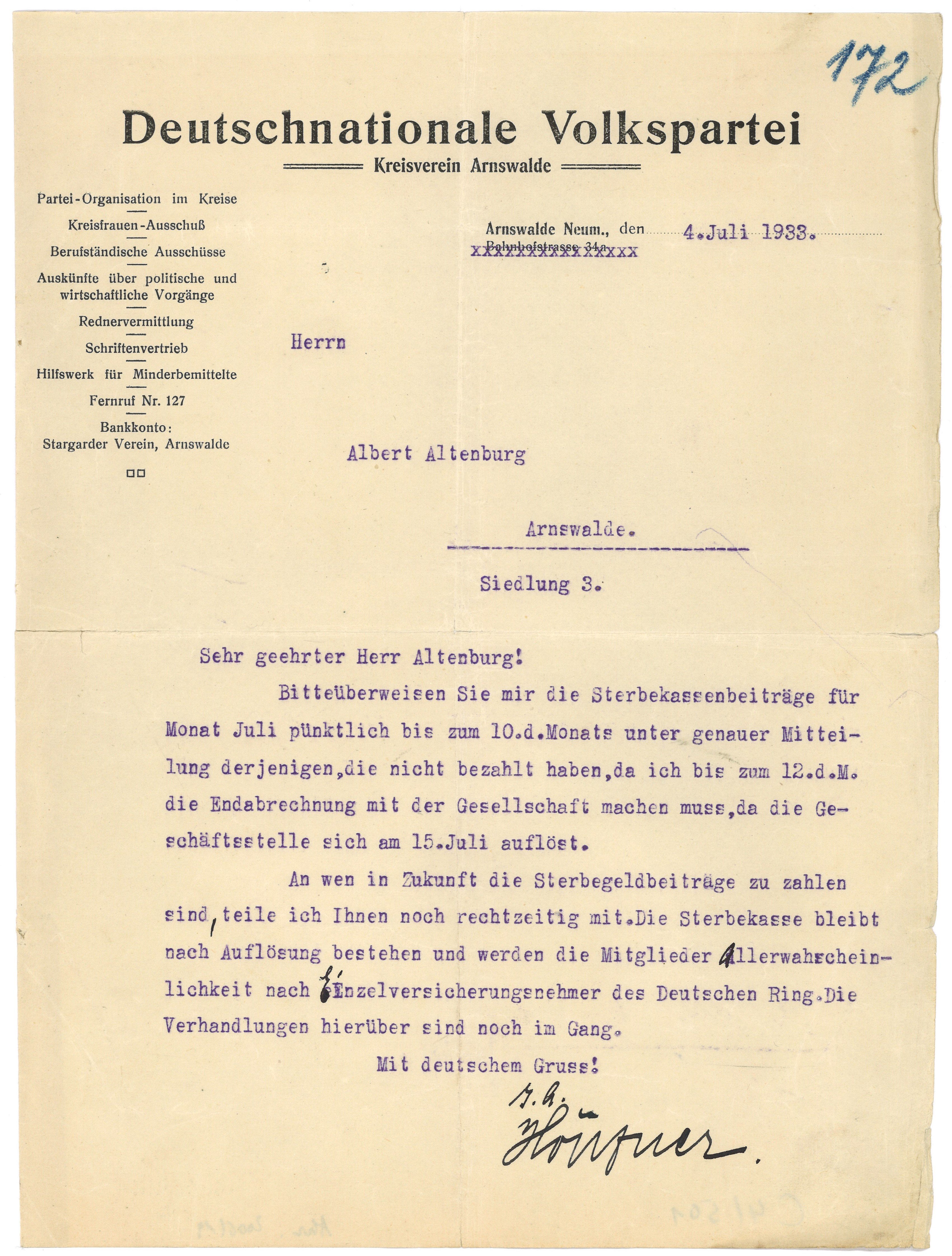 Schreiben des DNVP-Kreisvereins Arnswalde an Albert Altenburg in Arnswalde 1933 (Landesgeschichtliche Vereinigung für die Mark Brandenburg e.V., Archiv CC BY)