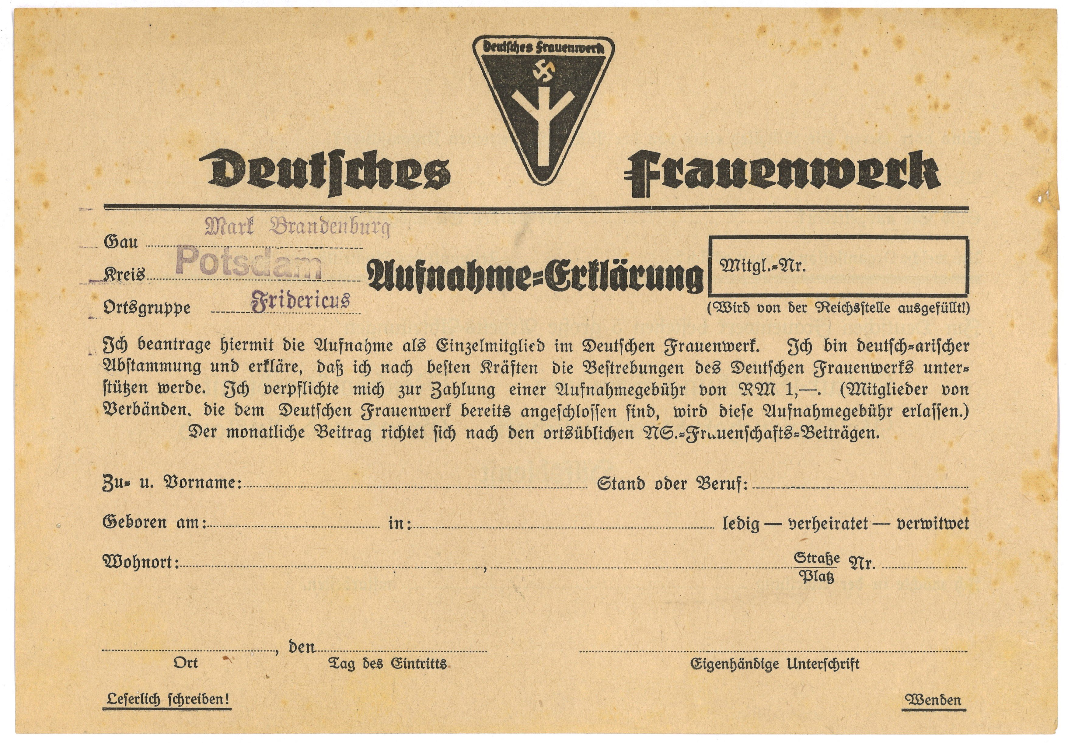 Aufnahmeformular für das Deutsche Frauenwerk (um 1933) (Landesgeschichtliche Vereinigung für die Mark Brandenburg e.V., Archiv CC BY)