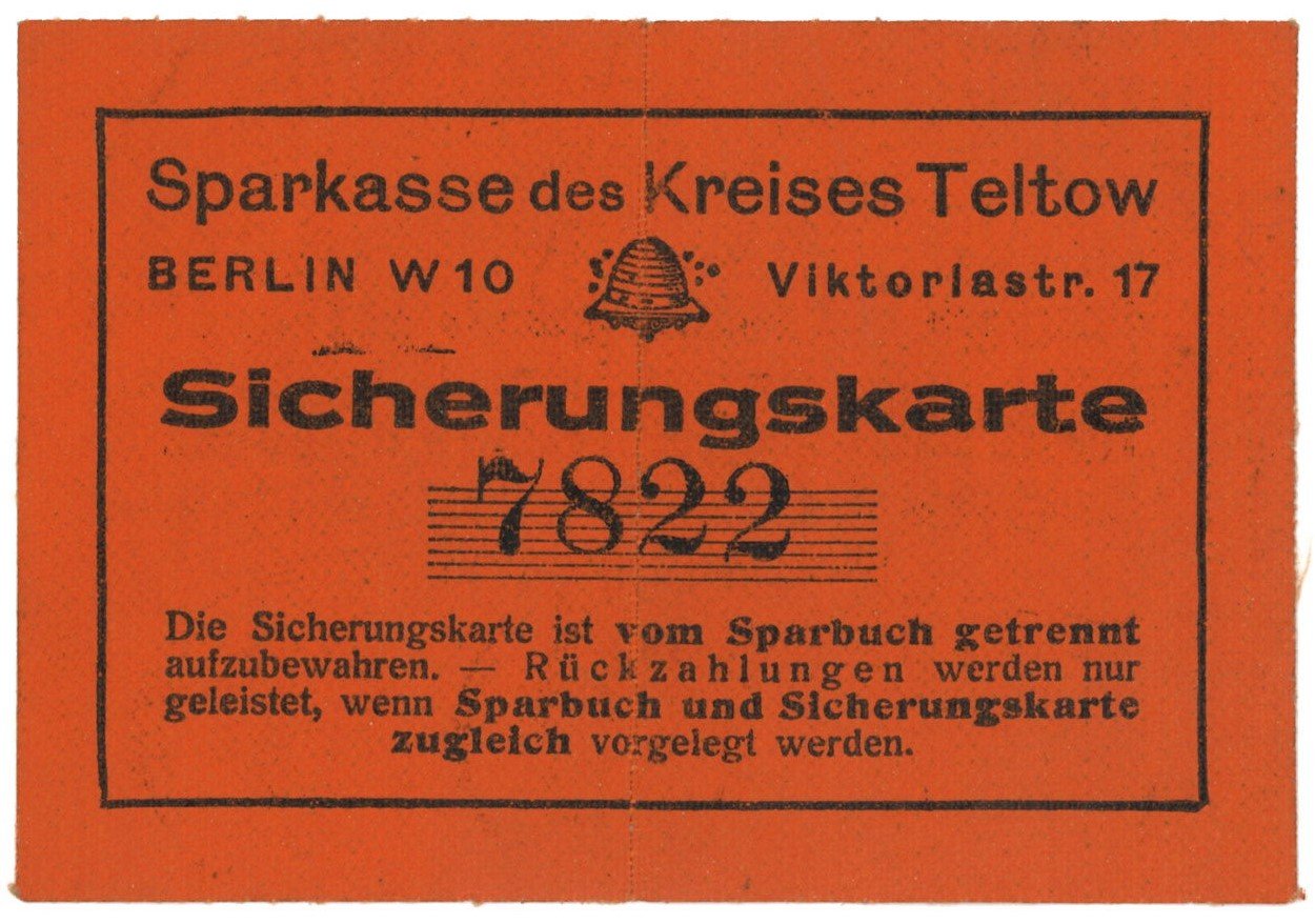 Sicherungskarte zu einem Sparbuch der Sparkassse des Kreises Teltow (1925) (Landesgeschichtliche Vereinigung für die Mark Brandenburg e.V., Archiv CC BY)