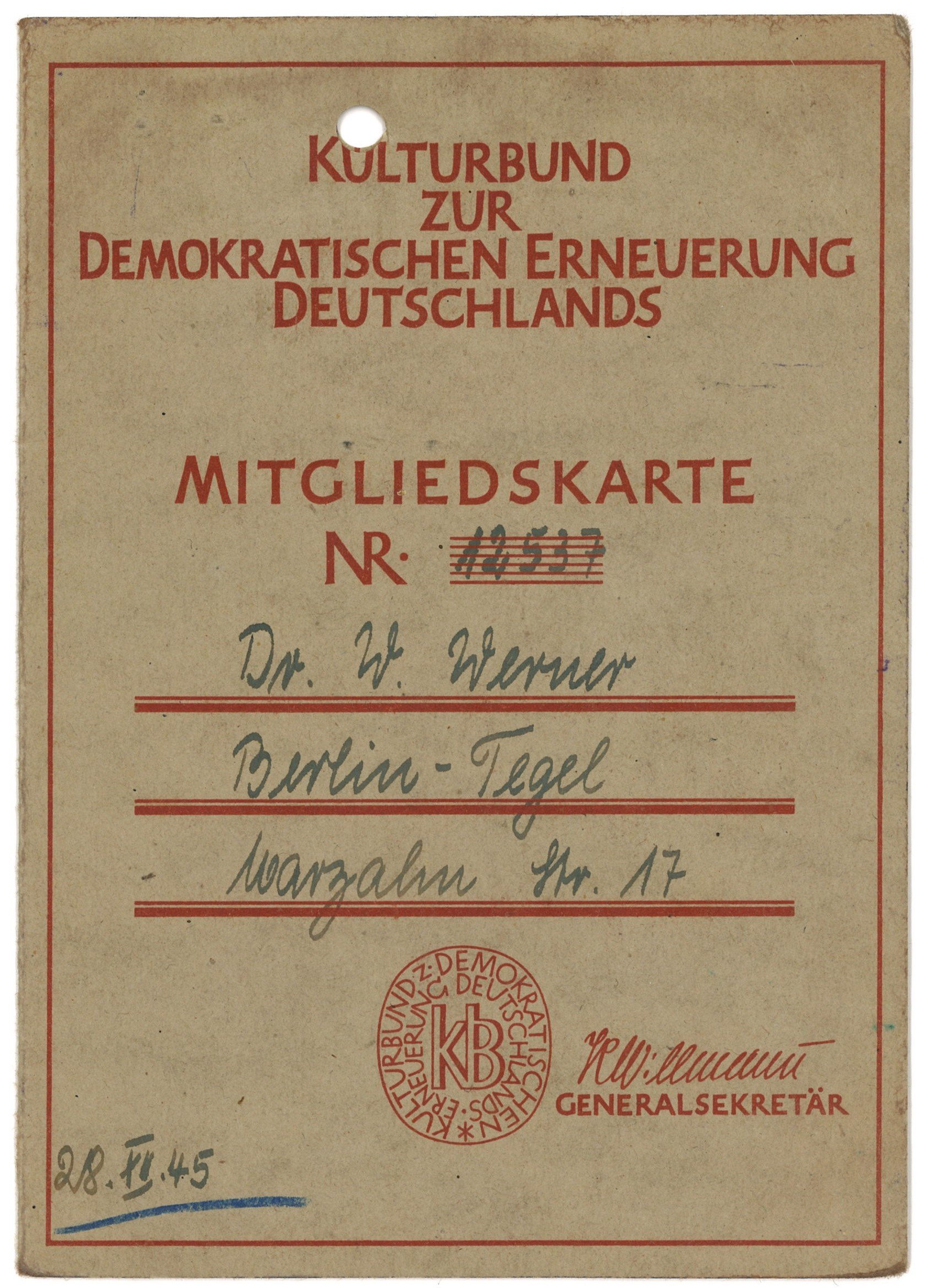 Mitgliedskarte des Kulturbundes für Dr. Wilhelm Werner in Berlin-Tegel 1945–1946 (Landesgeschichtliche Vereinigung für die Mark Brandenburg e.V., Archiv CC BY)