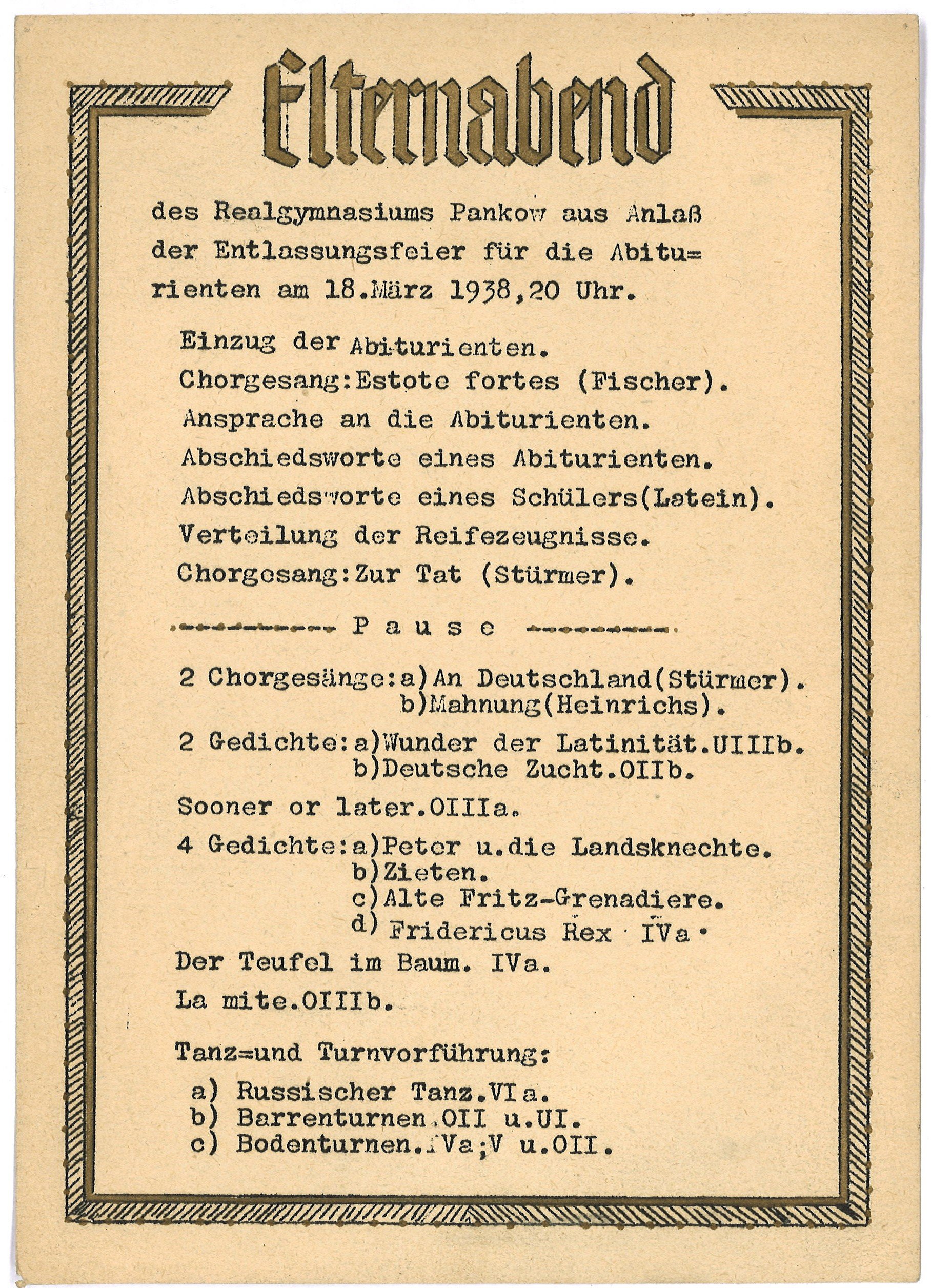 Programm zur Entlassungsfeier für die Abiturienten des Realgymnasiums Pankow 1938 (Landesgeschichtliche Vereinigung für die Mark Brandenburg e.V., Archiv CC BY)