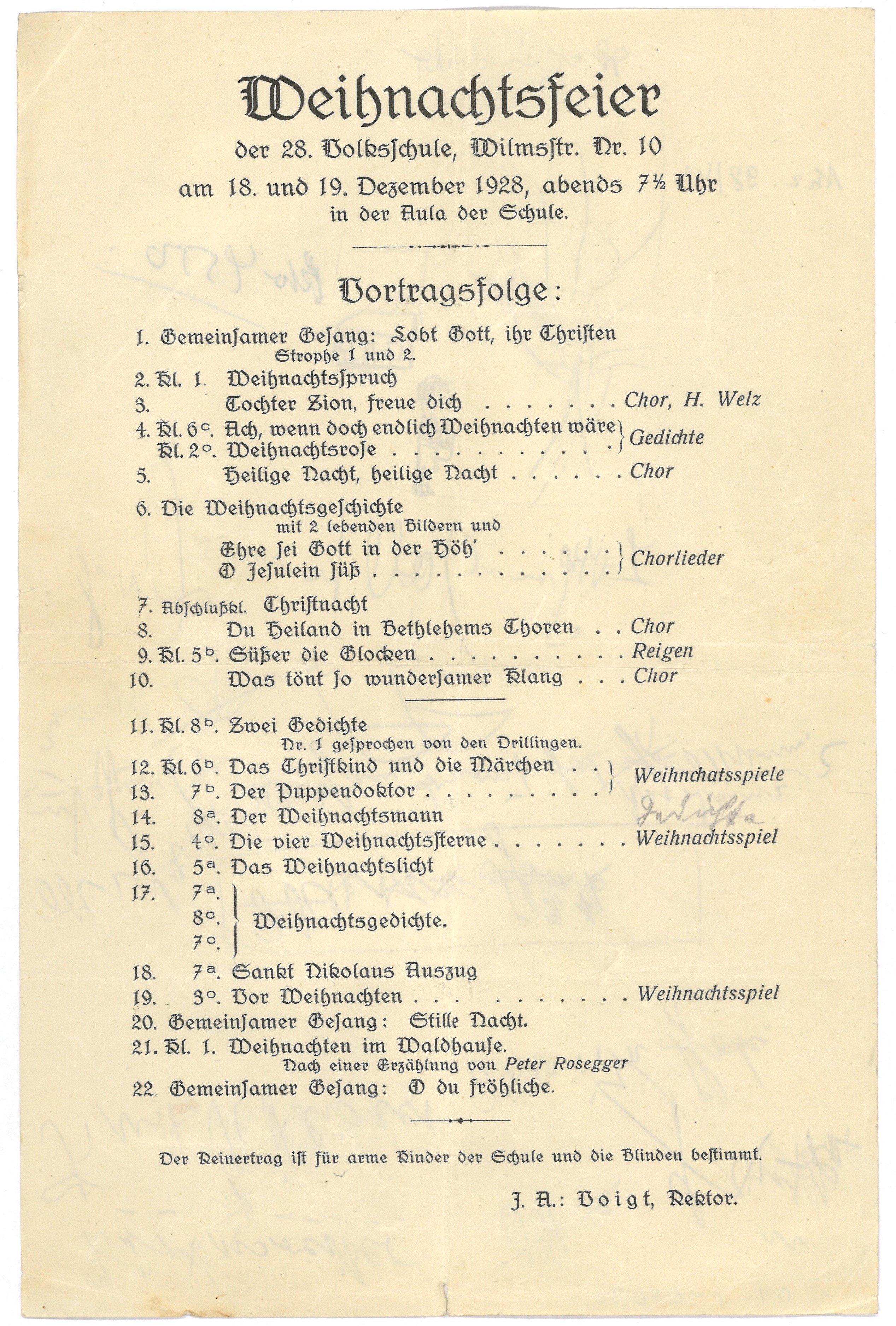 Programm der Weihnachtsfeier der 28. Volksschule in Berlin 1928 (Landesgeschichtliche Vereinigung für die Mark Brandenburg e.V., Archiv CC BY)