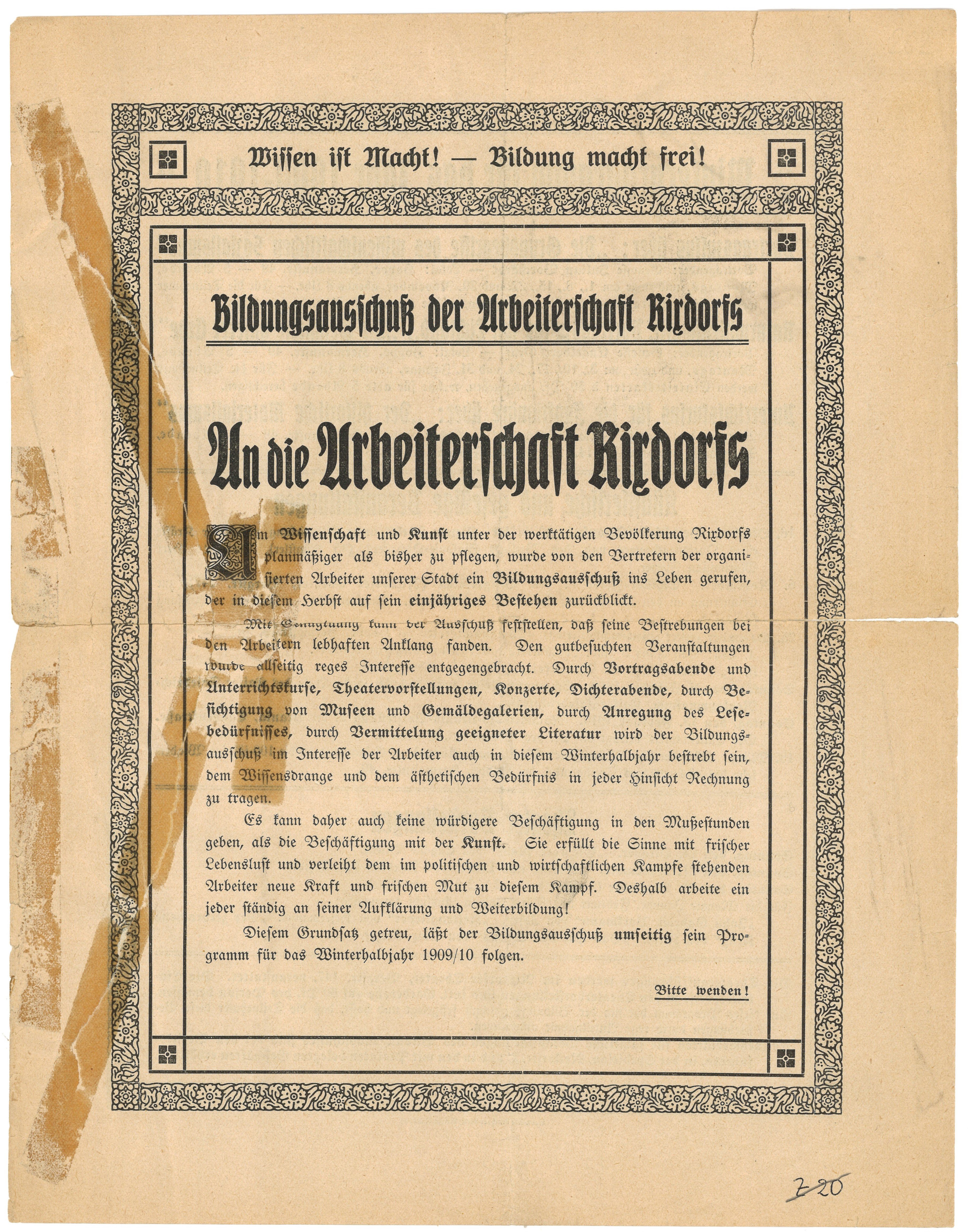 Aufruf des Bildungsausschusses der Arbeiterschaft Rixdorfs 1909 (Landesgeschichtliche Vereinigung für die Mark Brandenburg e.V., Archiv CC BY)