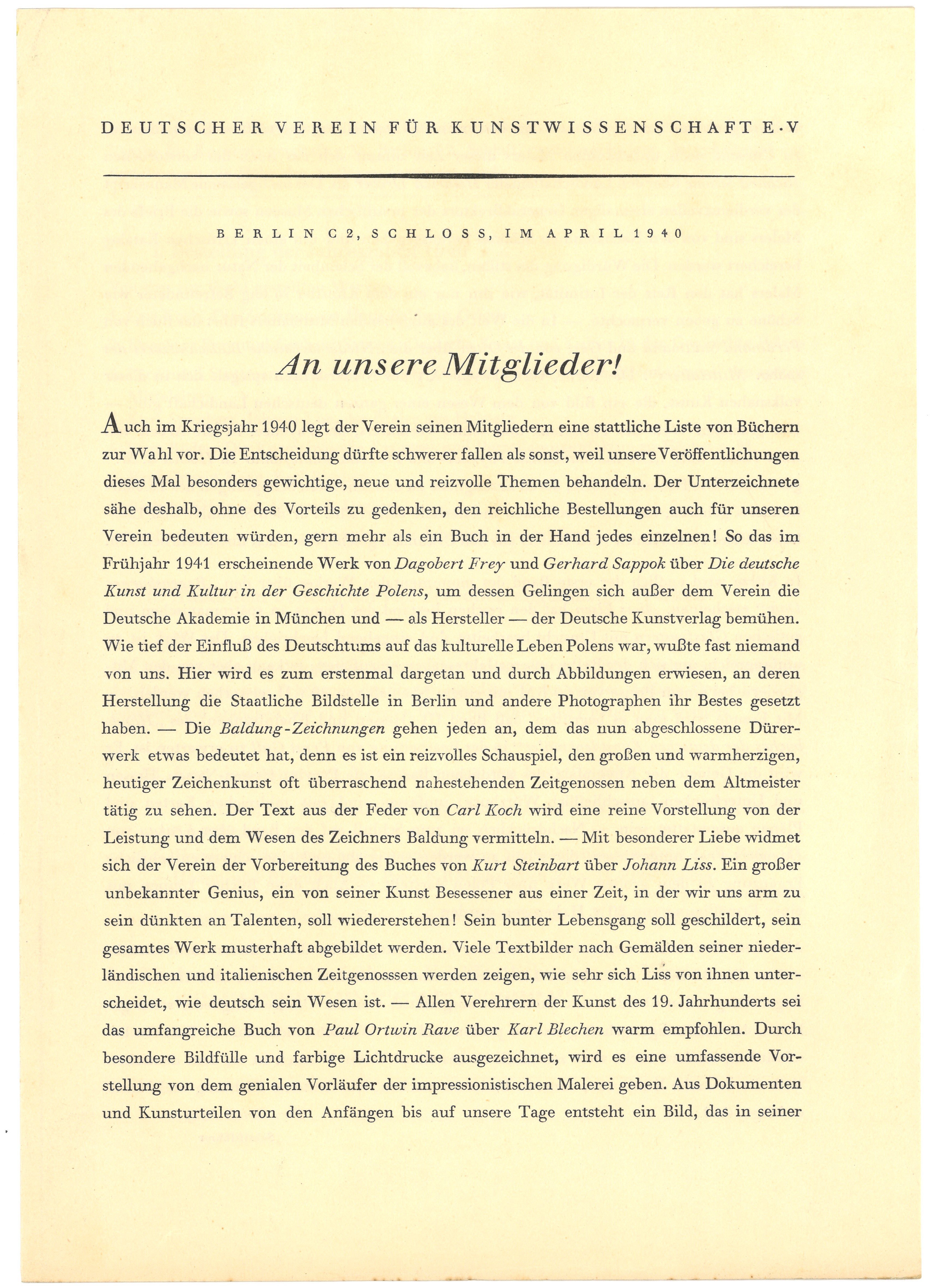 Mitgliederinformation des Deutschen Vereins für Kunstwissenschaft 1940 (Landesgeschichtliche Vereinigung für die Mark Brandenburg e.V., Archiv CC BY)