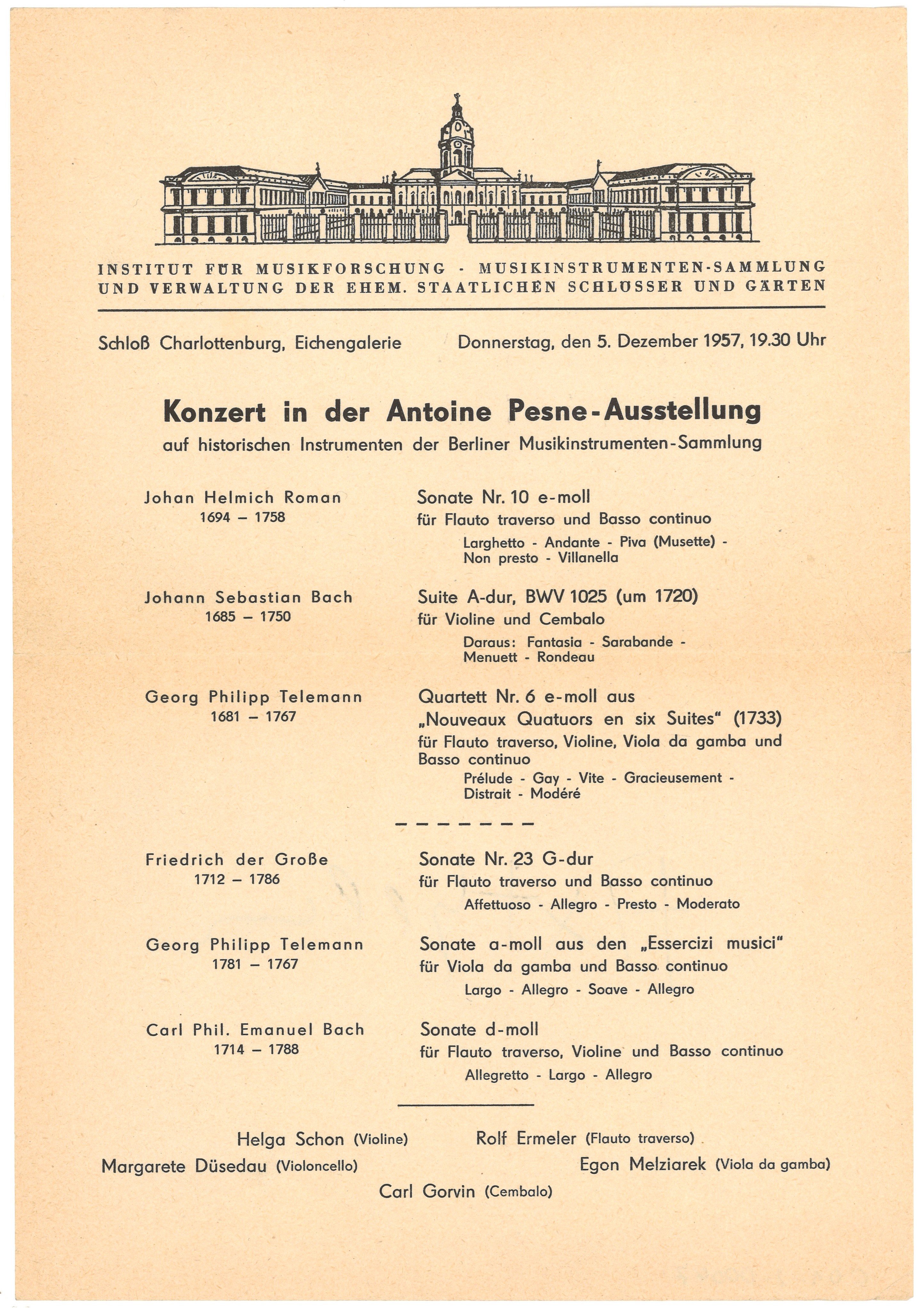 Programm für ein Konzert in der Antoine-Pesne-Ausstellung in Berlin-Charlottenburg 1957 (Landesgeschichtliche Vereinigung für die Mark Brandenburg e.V., Archiv CC BY)