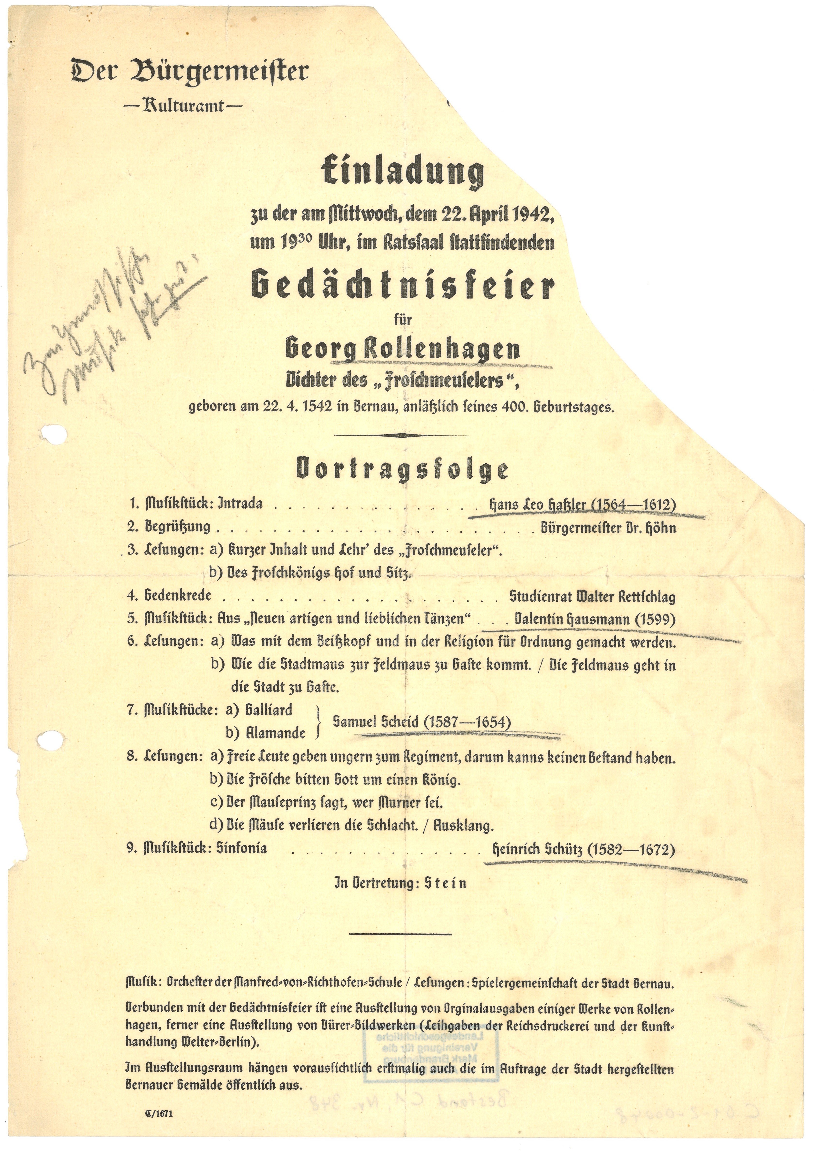 Einladung und Programm zur Gedächtnisfeier für Georg Rollenhagen in Bernau 1942 (Landesgeschichtliche Vereinigung für die Mark Brandenburg e.V., Archiv CC BY)