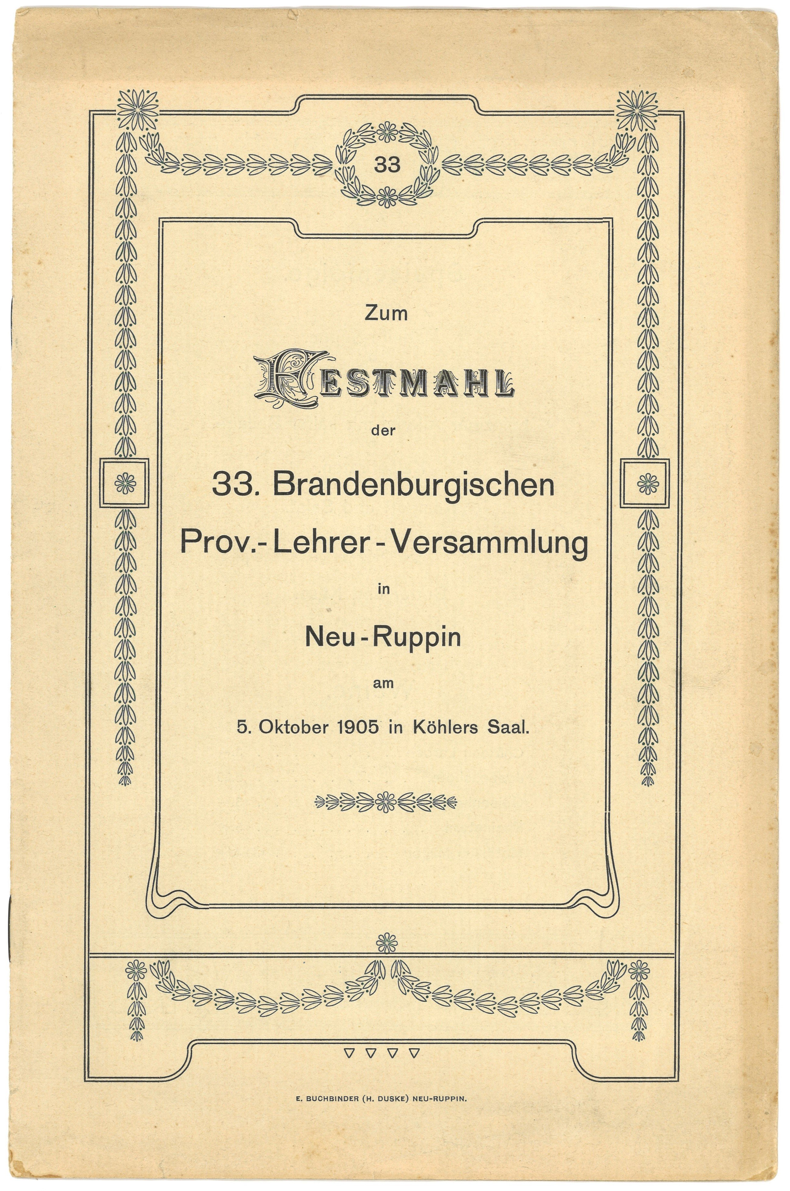 Programm zum Festmahl der 33. Brandenburgischen Provinzial-Lehrer-Versammlung in Neurppin 1905 (Landesgeschichtliche Vereinigung für die Mark Brandenburg e.V., Archiv CC BY)