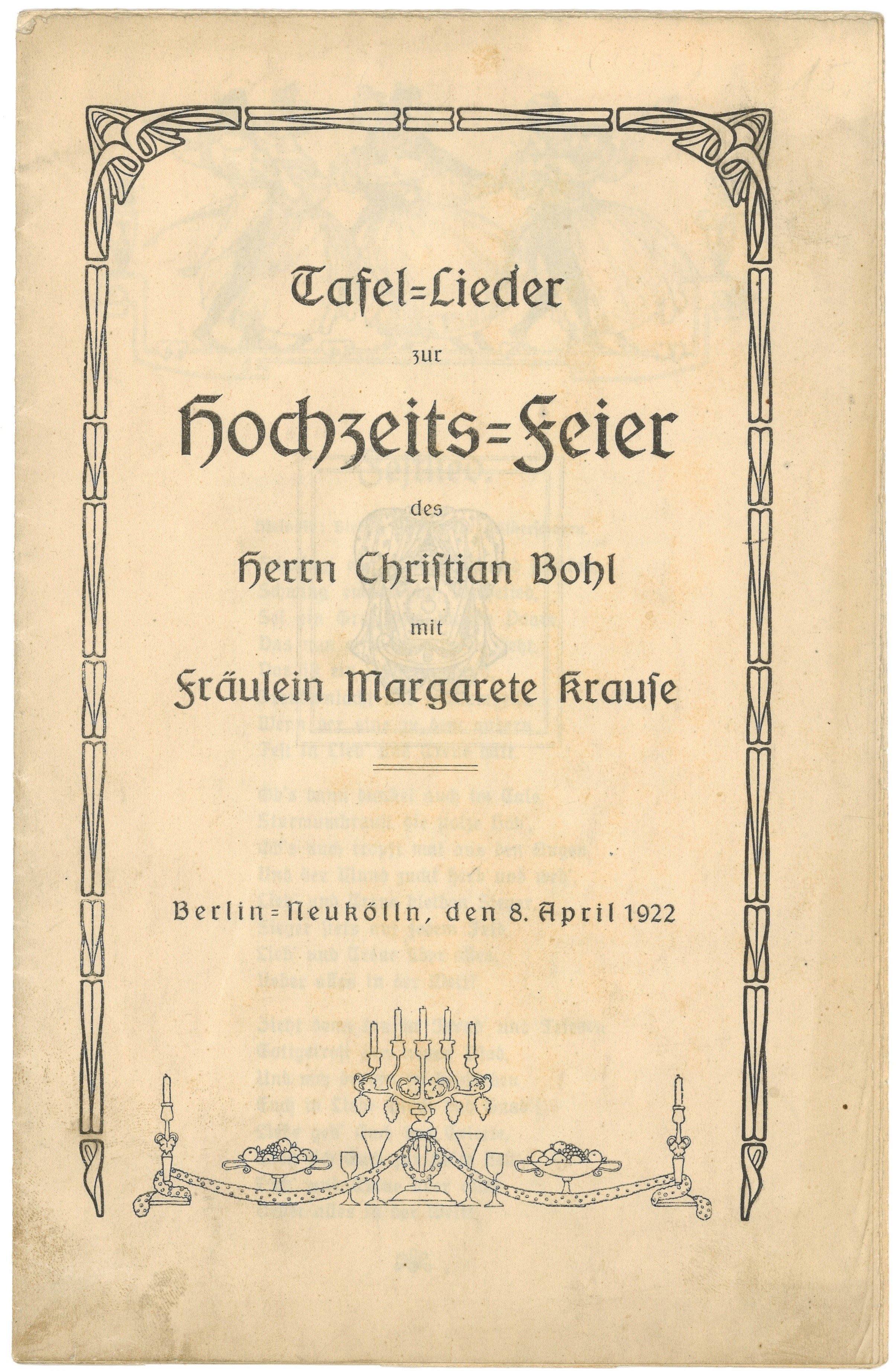 Tafel-Lieder zur Hochzeits-Feier Bohl/Krause in Berlin-Neukölln 1922 (Landesgeschichtliche Vereinigung für die Mark Brandenburg e.V., Archiv CC BY)