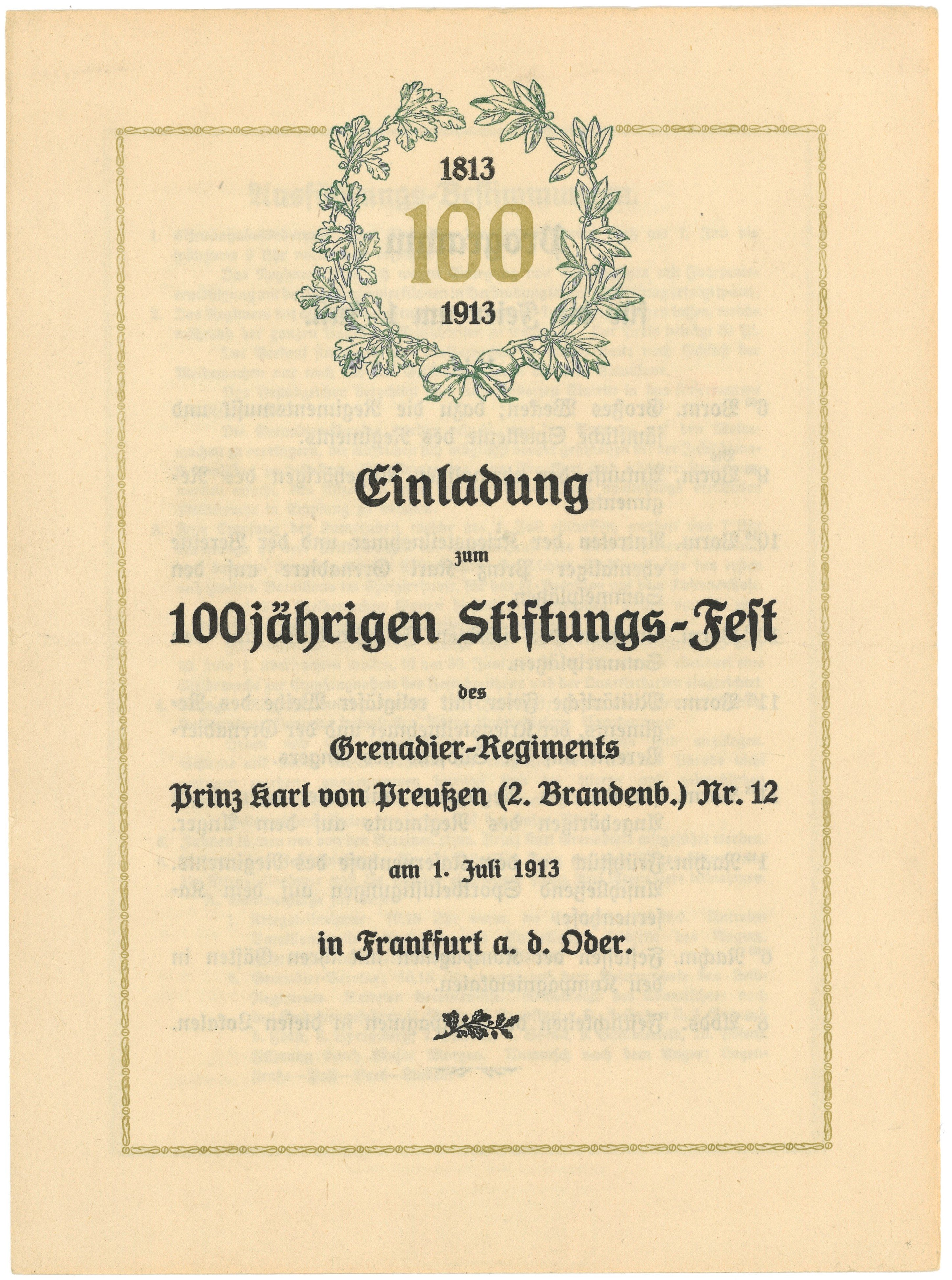 Einladung und Programm zum 100-jährigen Stftungsfest des Grenadier-Regiments Nr. 12 in Frankfurt (Oder) 1913 (Landesgeschichtliche Vereinigung für die Mark Brandenburg e.V., Archiv CC BY)