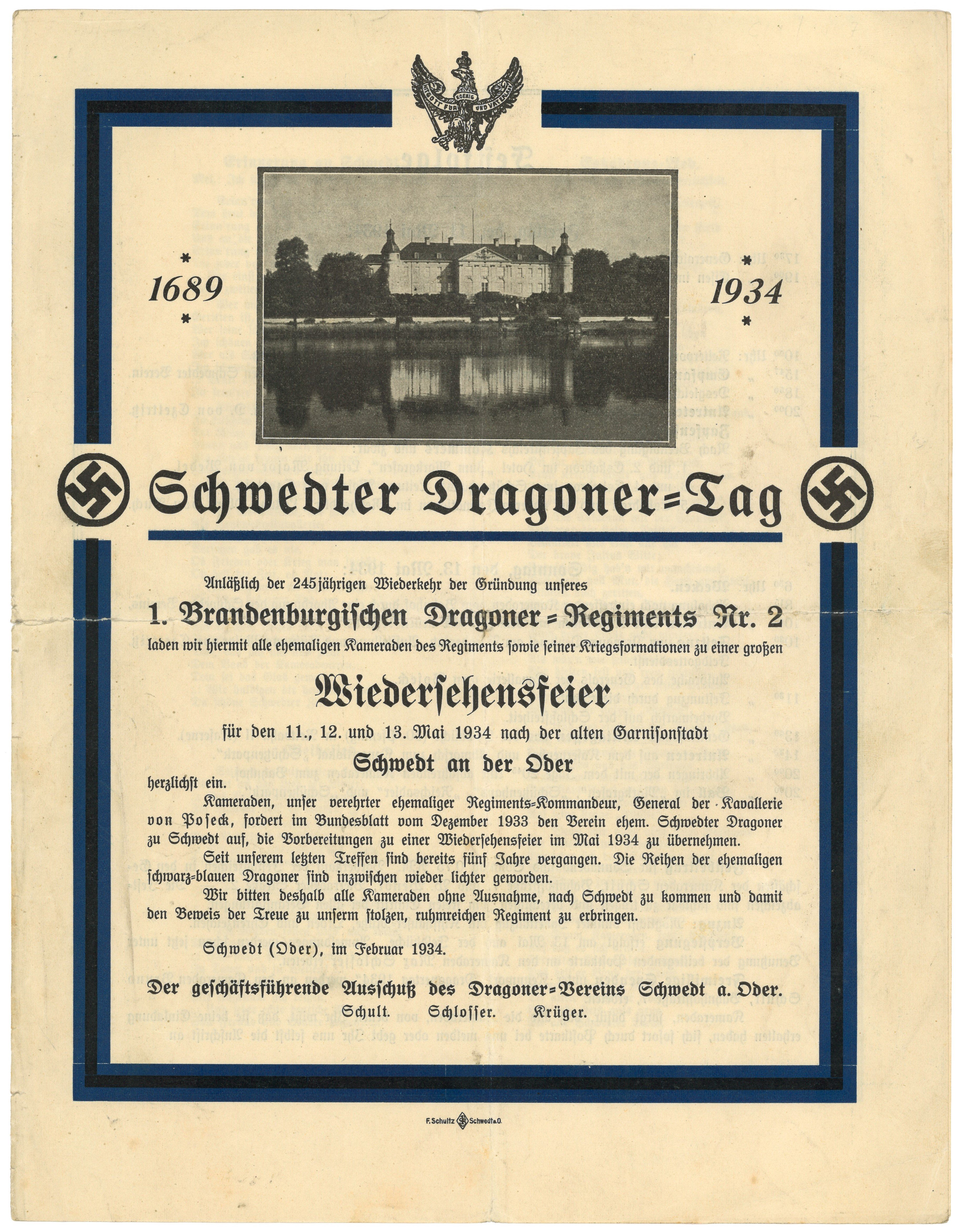 Einladung und Programm zum Schwedter Dragoner-Tag 1934 (Landesgeschichtliche Vereinigung für die Mark Brandenburg e.V., Archiv CC BY)
