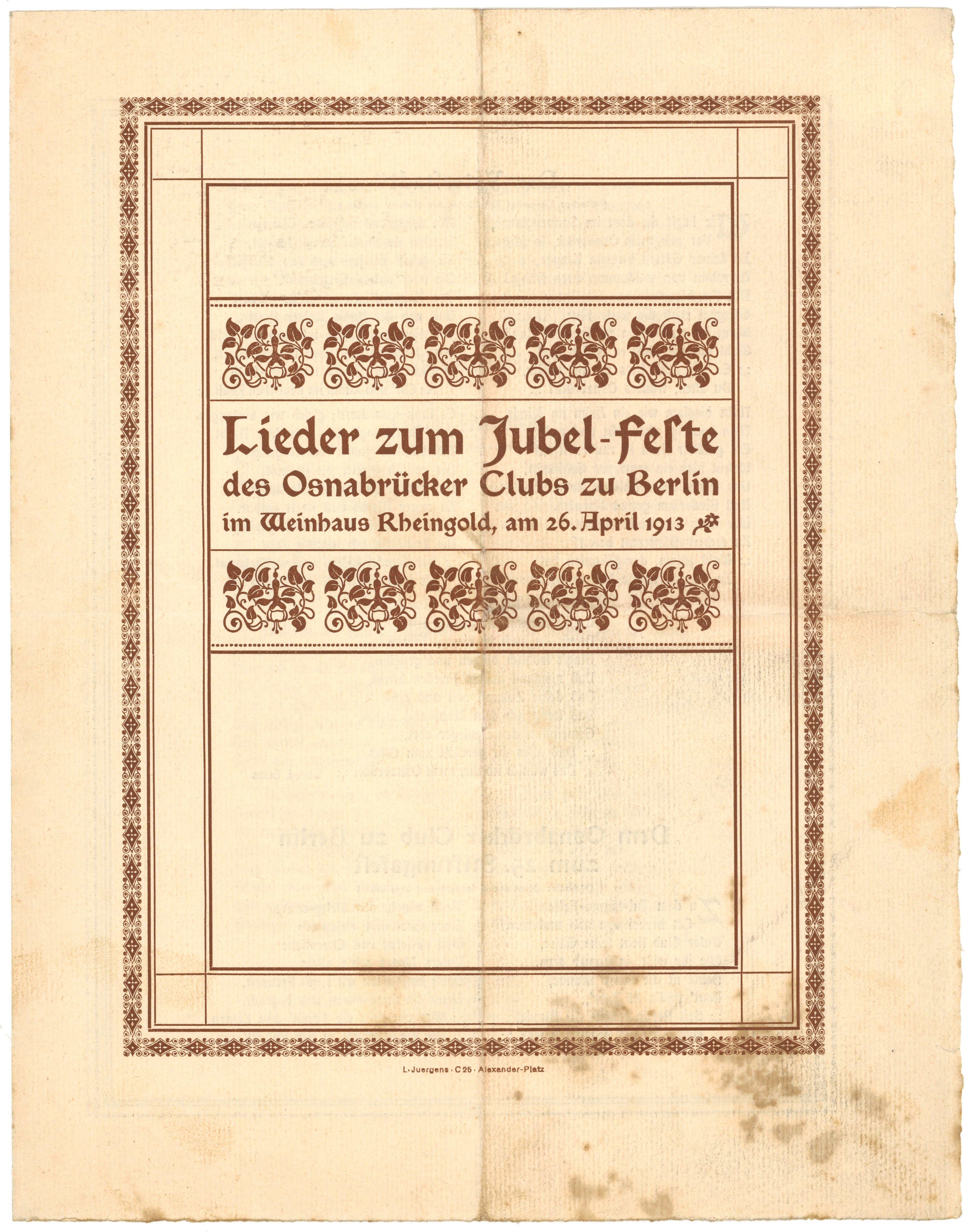 Lieder zum Jubel-Feste des Osnabrücker Clubs zu Berlin 1913 (Landesgeschichtliche Vereinigung für die Mark Brandenburg e.V., Archiv CC BY)