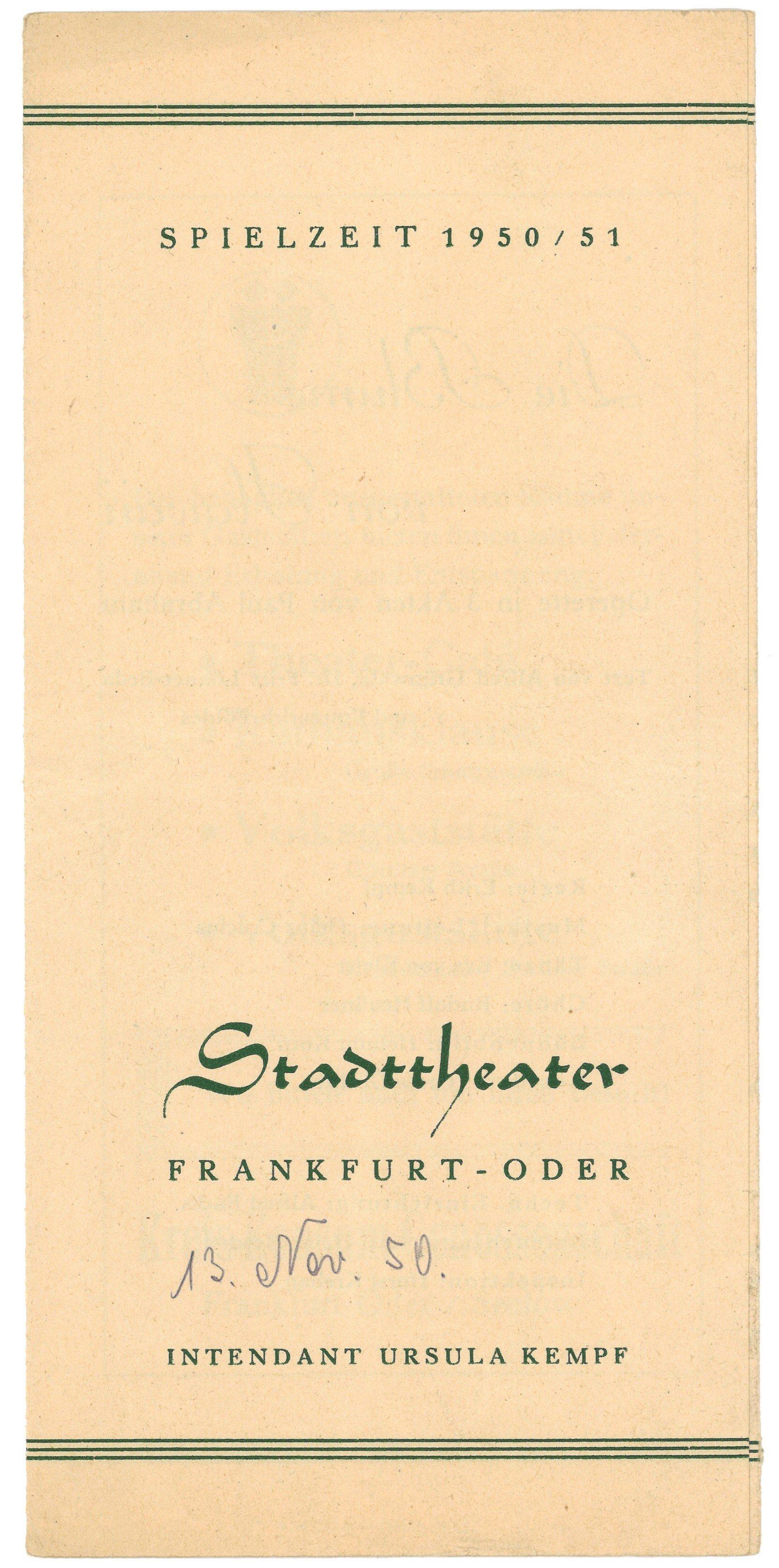 Programm des Stadttheaters Frankfurt (Oder) für "Die Blume von Hawaii" 1950 (Landesgeschichtliche Vereinigung für die Mark Brandenburg e.V., Archiv CC BY)
