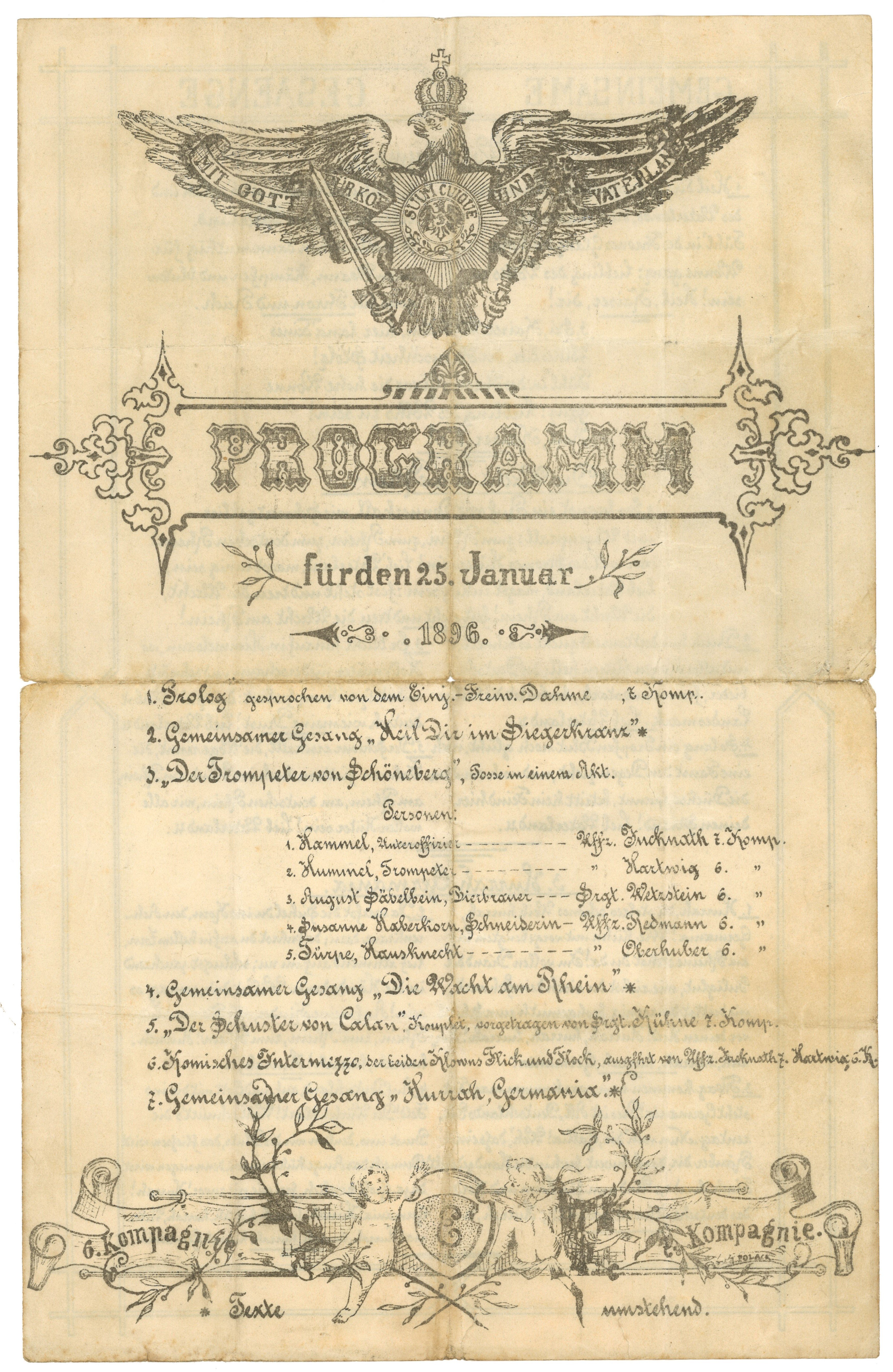 Programm zu einer Feier der 6. und 7. Kompanie des Königin-Elisabeth-Garde-Grenadier-Regiments Nr. 3 1896 (Landesgeschichtliche Vereinigung für die Mark Brandenburg e.V., Archiv CC BY)