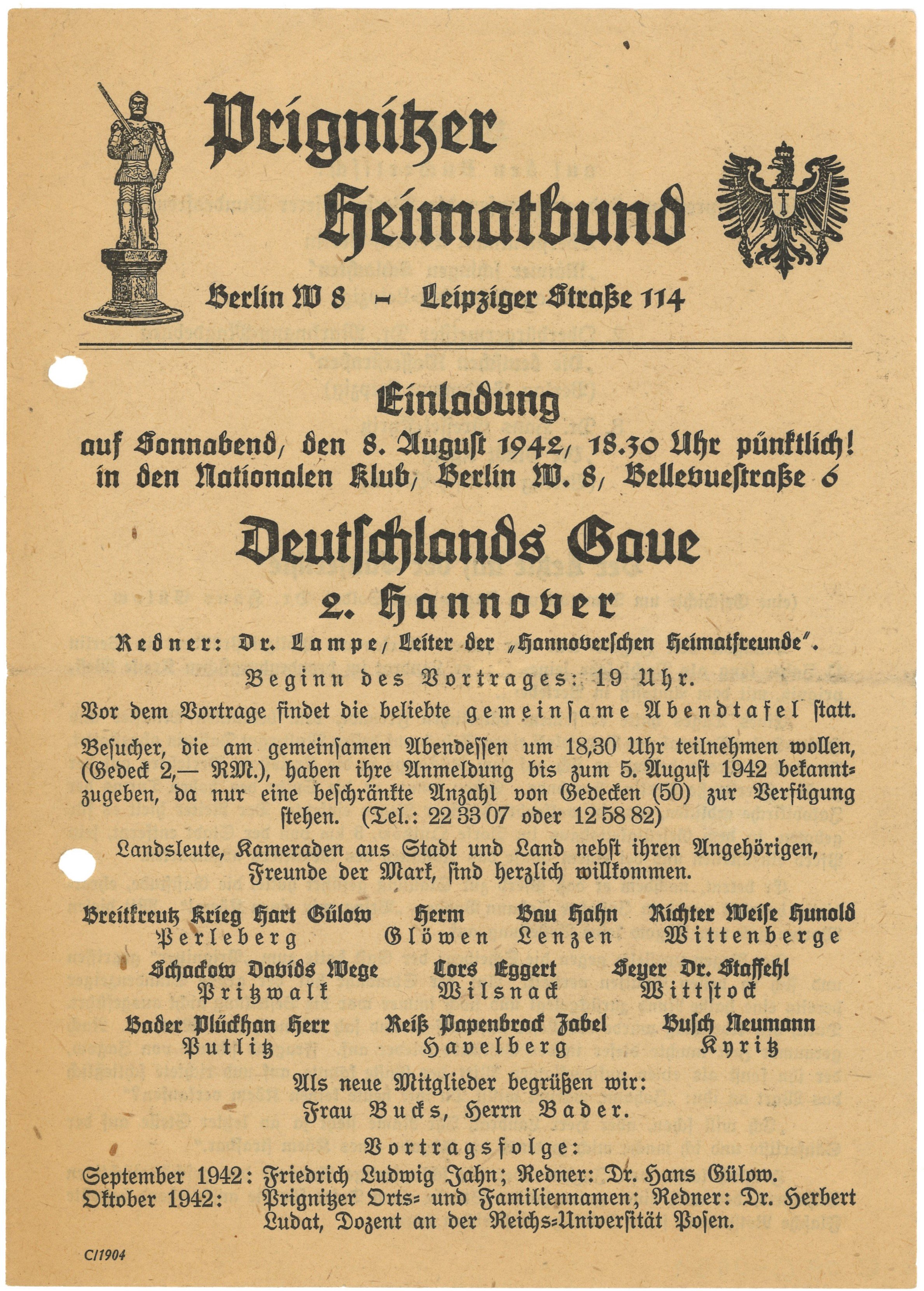 Einladung des Prignitzer Heimatbundes in Berlin zu einer Vortragsveranstaltung 1942 (Landesgeschichtliche Vereinigung für die Mark Brandenburg e.V., Archiv CC BY)