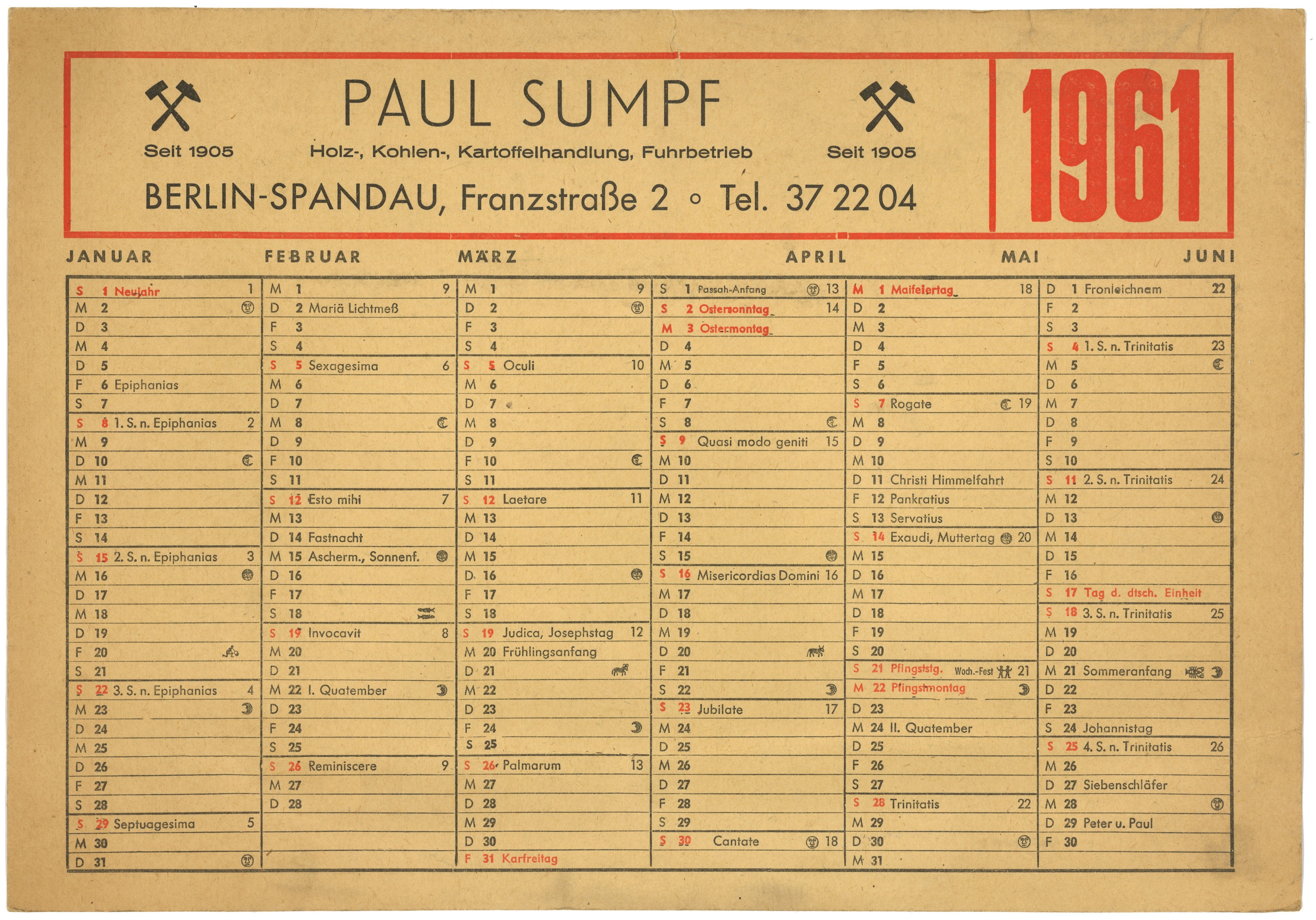 Werbekalender der Firma Paul Sumpf in Berlin-Spandau für 1961 (Landesgeschichtliche Vereinigung für die Mark Brandenburg e.V., Archiv CC BY)