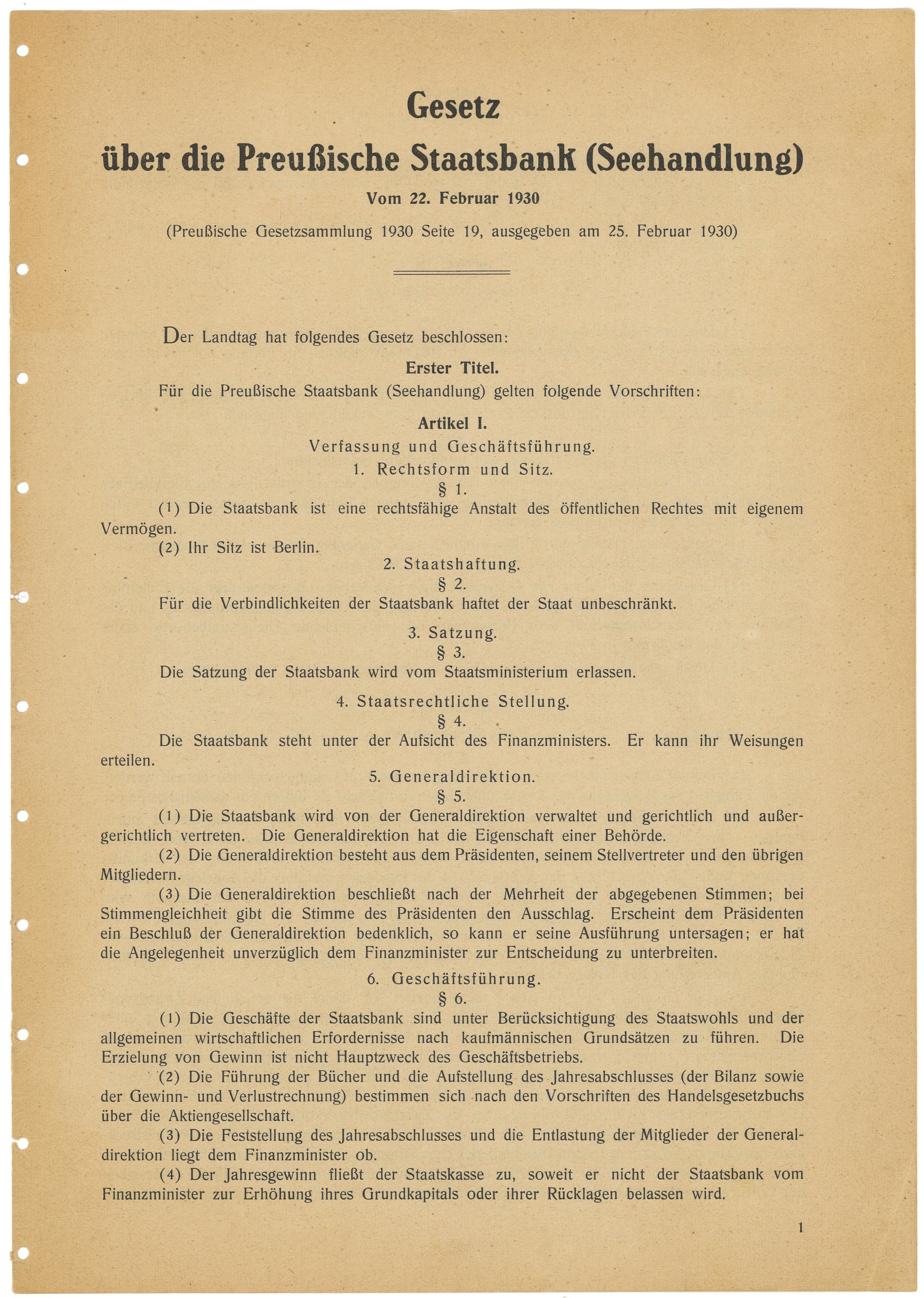 Gesetz über die Preußische Staatsbank (Seehandlung) und deren Satzung 1930 (Landesgeschichtliche Vereinigung für die Mark Brandenburg e.V., Archiv CC BY)